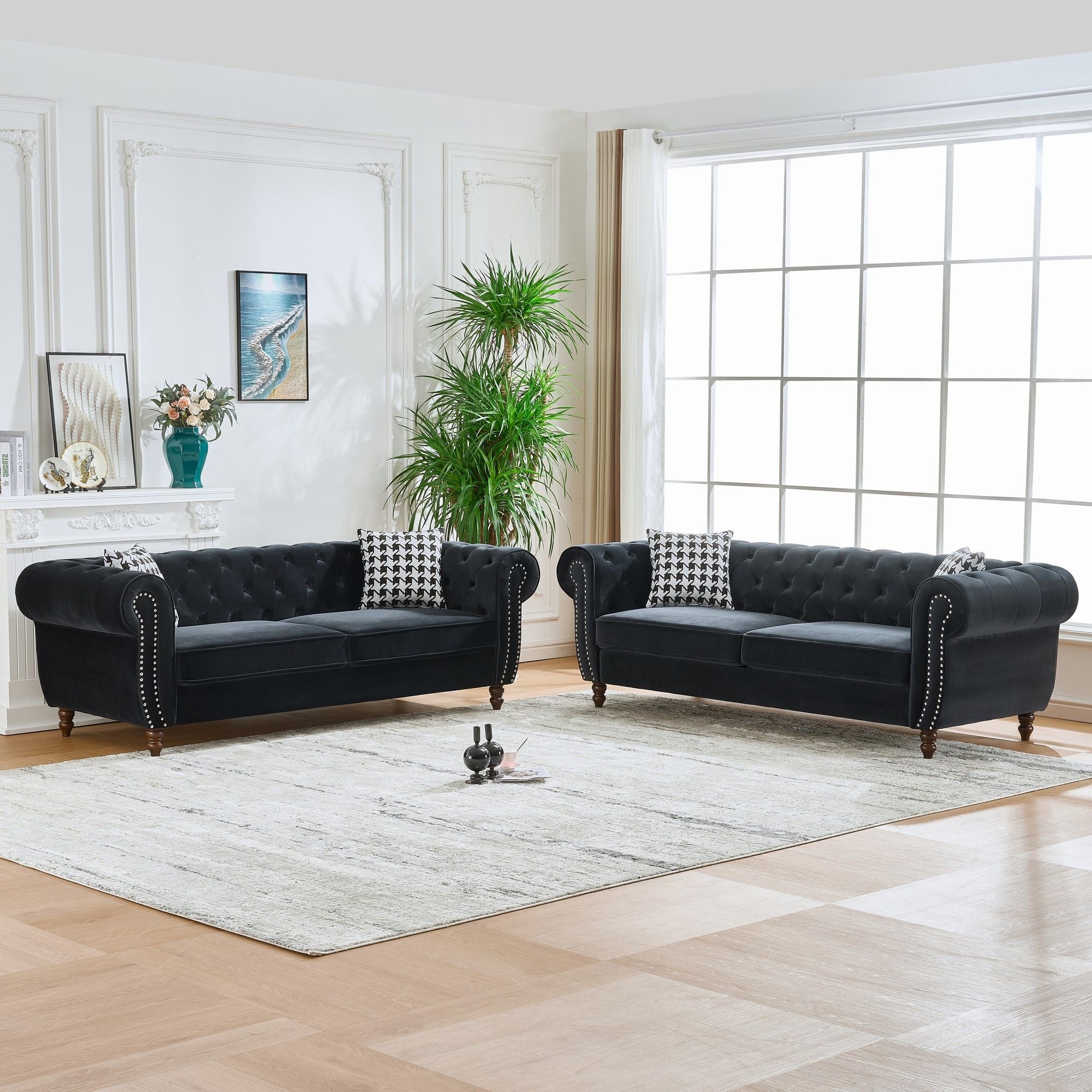 Chesterfield Velvet Upholstery Fabric Sofa With Roll Armrest & Nailhead, Mid Century Modern 3 And 3 Seater Couch - Best Buy Furniture