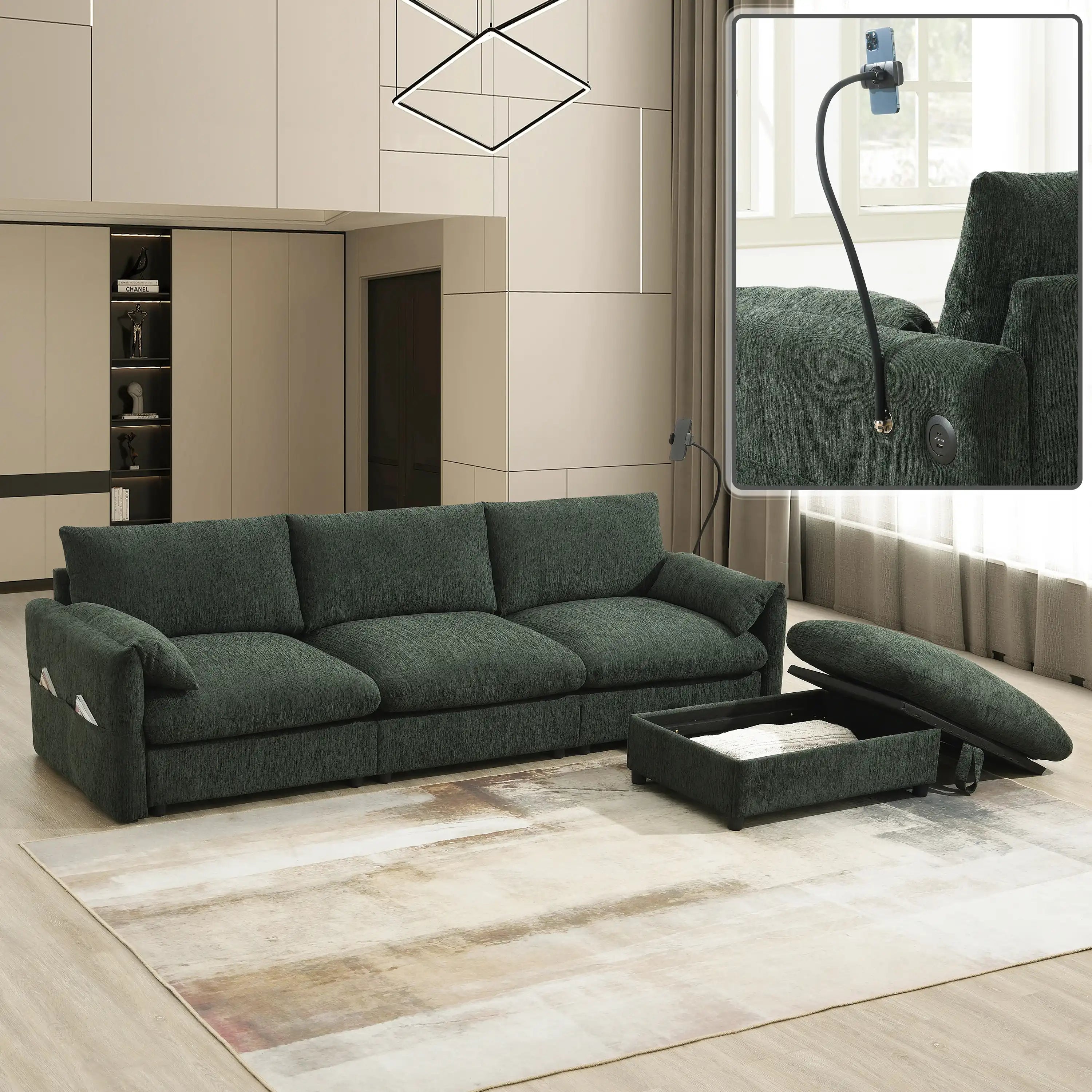 Chenille Sectional Sofa with Storage Ottoman and Pockets with USB Charger - Best Buy Furniture