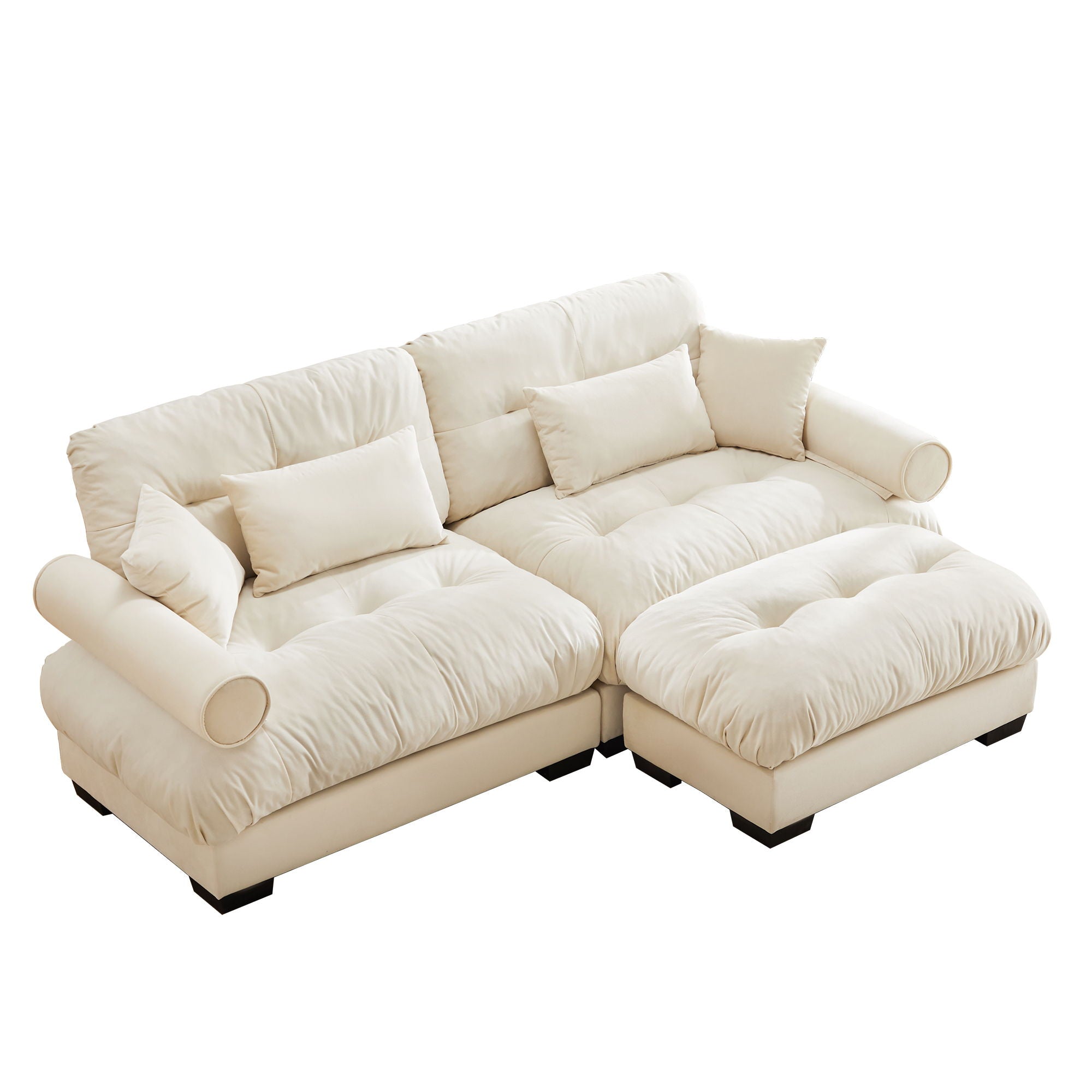 Modern Sectional Sofa With Ottoman, Round Bolster Armrests, Waist And Throw Pillows