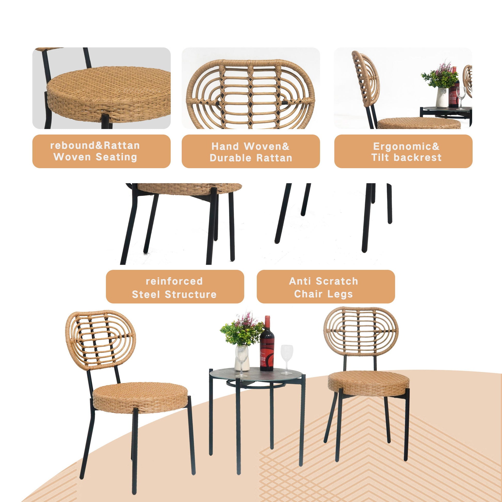 3 Pieces Of Luxury Outdoor Wicker Furniture Patio Bistro Style Table And Chair Combination, Weather Resistant PE Wicker Weave, Suitable For Garden - Black / Natural - Best Buy Furniture