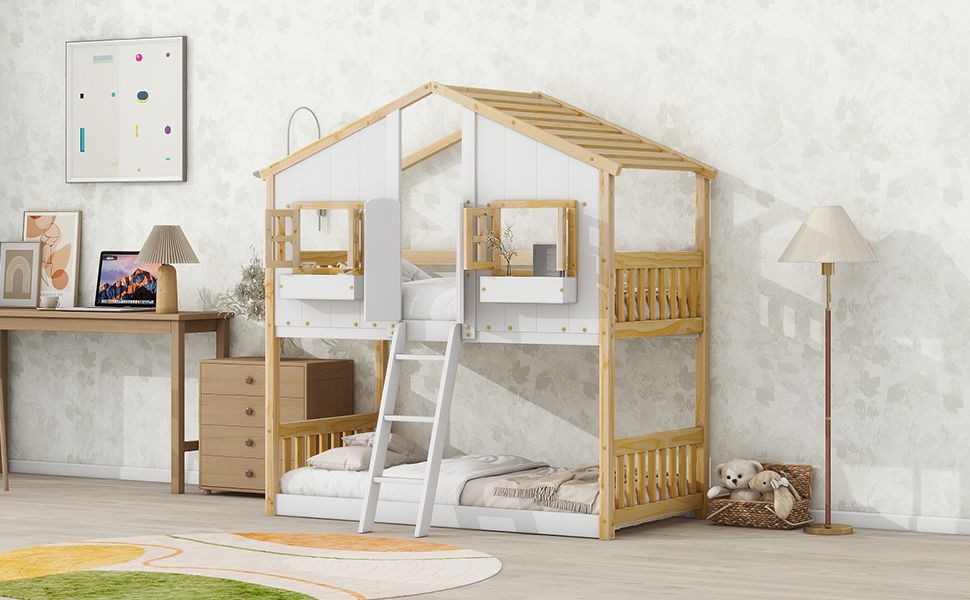 House Bunk Bed With Roof, Window, Window Box, Door, With Safety Guardrails And Ladder - Best Buy Furniture