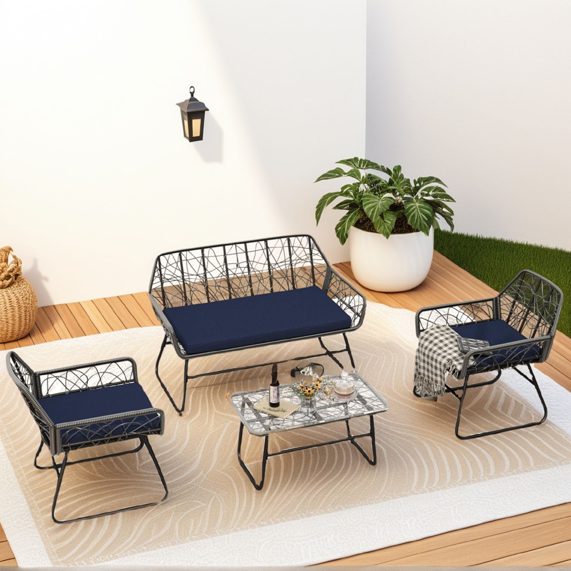 4 Piece Wicker Patio Furniture Set With Tempered Glass Table And Detachable Cushions - Best Buy Furniture