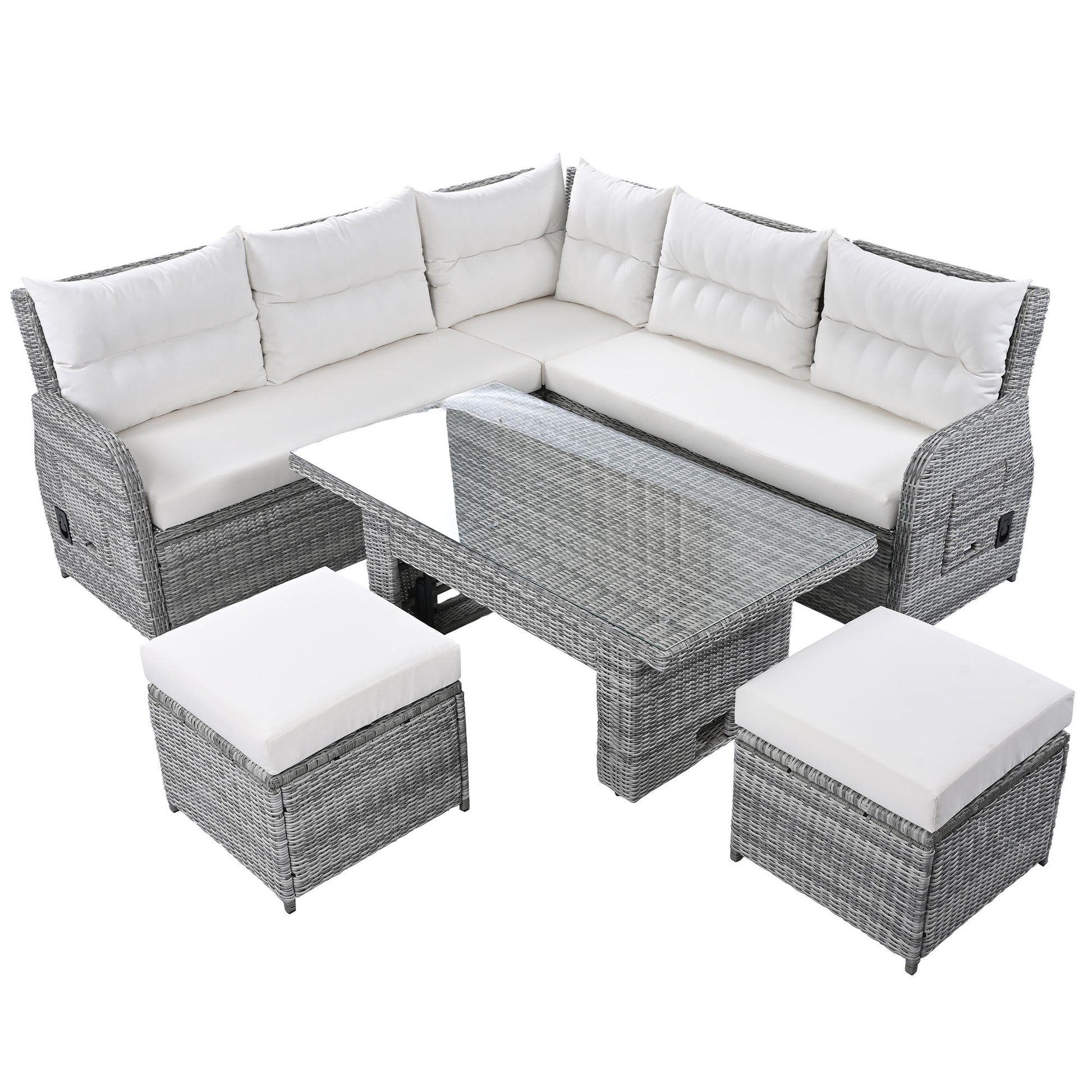 Outdoor Furniture Set Patio Rattan Furniture Set With Adjustable Table, Recliners With Extendable Side Tables And 2 Ottomans - Best Buy Furniture