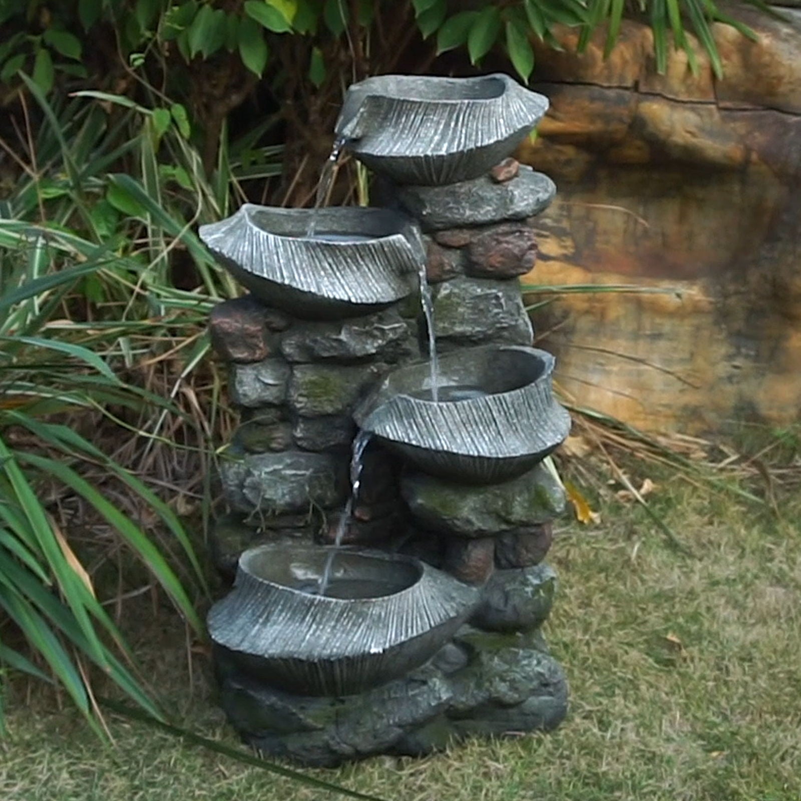 Indoor Outdoor Stone Water Fountain, 4 Tier Polyresin Cascading Rock Bowl Freestanding Fountain With LED Ligh - Gray - Best Buy Furniture