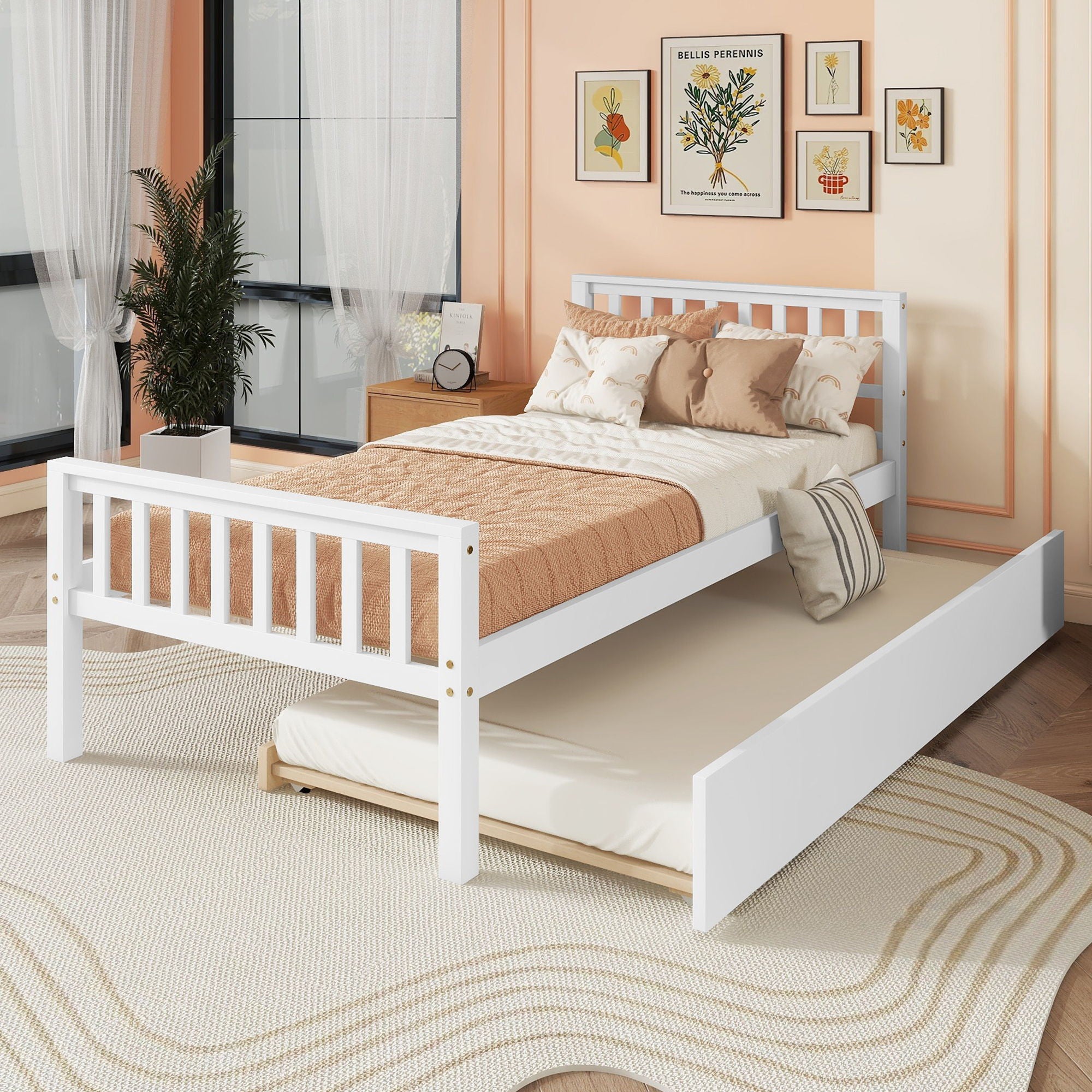 Twin Bed With Trundle, Platform Bed Frame With Headboard And Footboard, For Bedroom Small Living Space, No Box Spring Needed - Best Buy Furniture