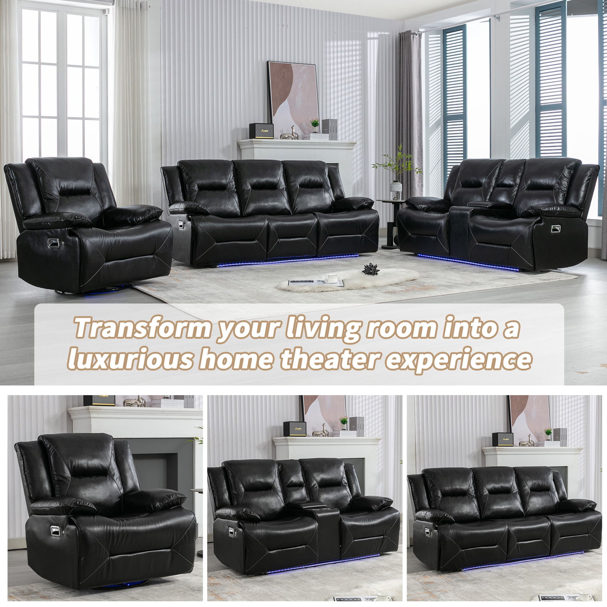 Home Theater Recliner Set Manual Recliner Chair With A LED Light Strip Two Built-In Cup Holders For Living Room - Best Buy Furniture