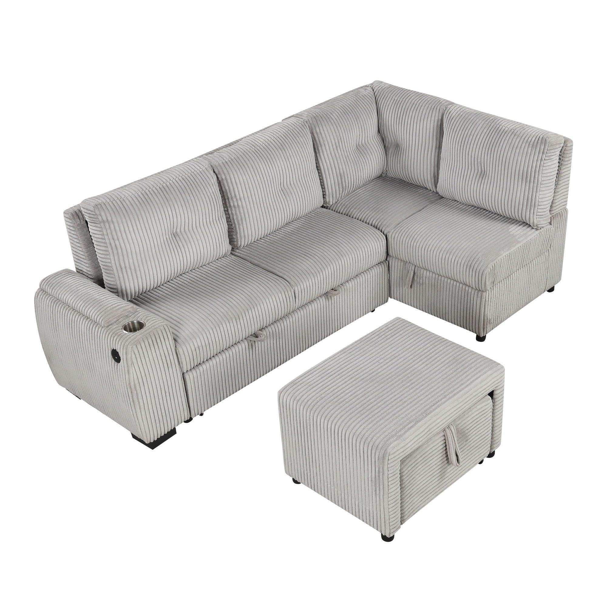 Pull-Out L-Shaped Sectional Sofa With Movable Ottoman And Stool, Large Storage Space, A Cup Holder, And 2 USB Ports For Living Room - Best Buy Furniture