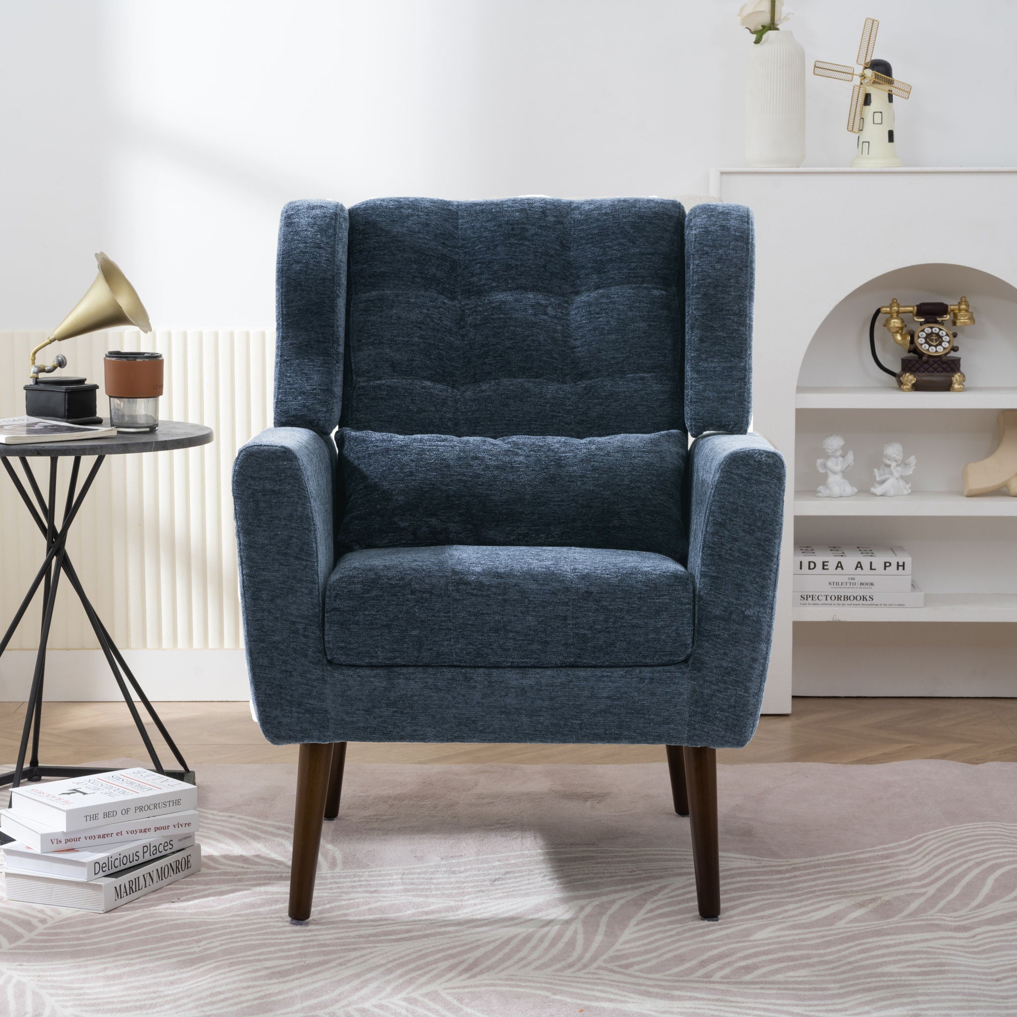 Modern Accent Chair, Chenille Arm Chairs For Living Room, Upholstered Mordern Armchair, Comfy Soft Padded Lounge Chair In Small Space, Bedroom, With Pillow, Solid Wood Leg - Best Buy Furniture