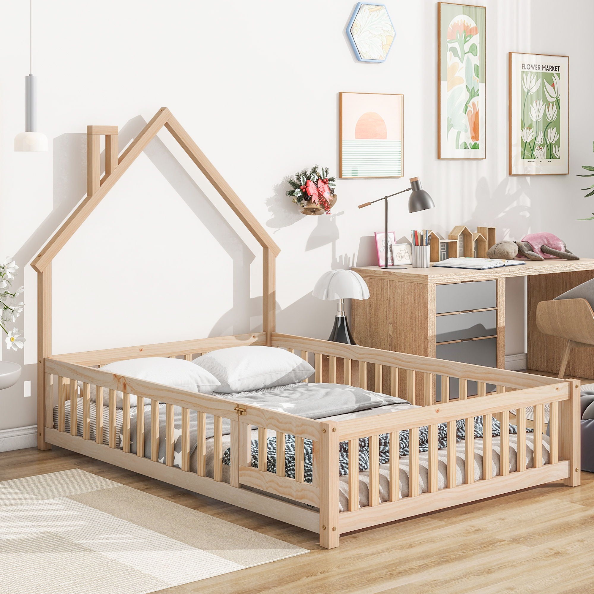 House-Shaped Headboard Floor Bed With Fence - Best Buy Furniture