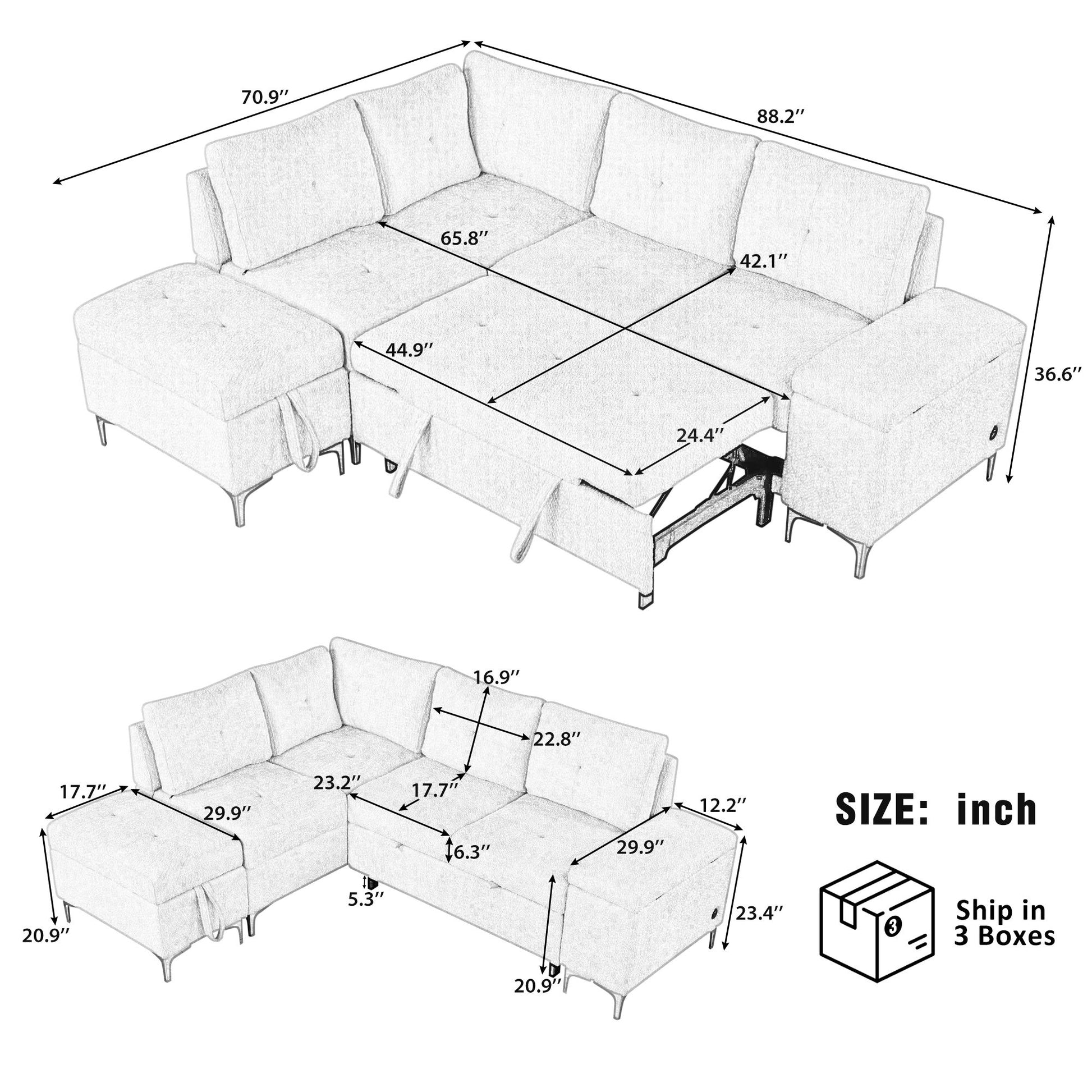 Versatile L Shaped Sofa Bed With Storage, Cup Holders, USB Ports Chenille - Best Buy Furniture