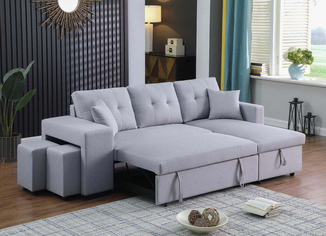 Dennis - Linen Fabric Reversible Sleeper Sectional With Storage Chaise And 2 Stools - Best Buy Furniture