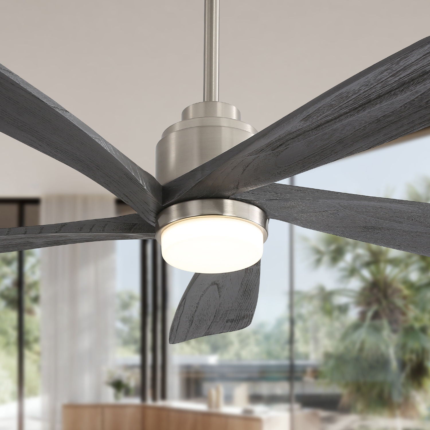 Modern Ceiling Fan With Dimmable LED Light 5 Solid Wood Blades Remote Control Reversible Dc Motor With Smart App Control - Nickel - Best Buy Furniture