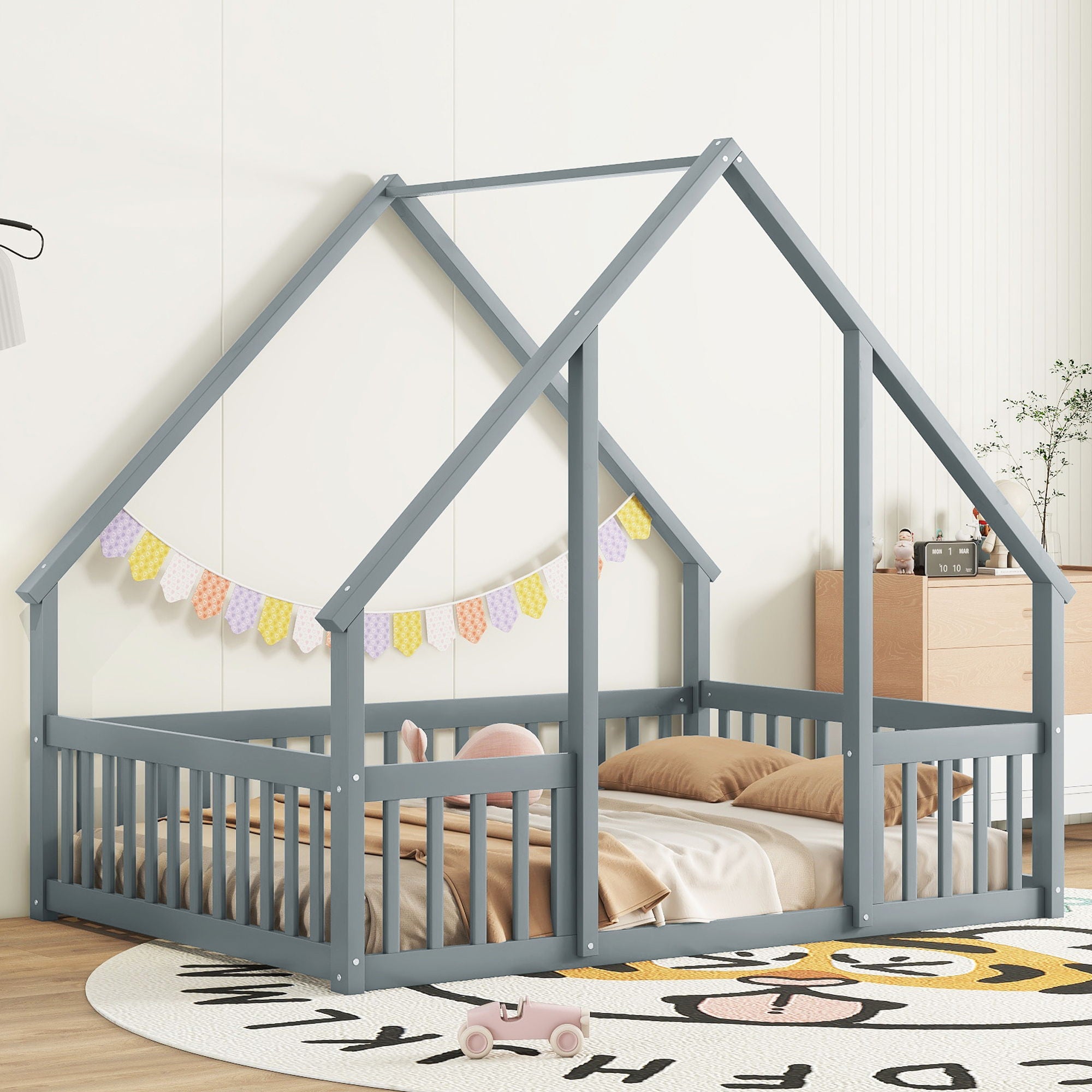 Wood House-Shaped Floor Bed With Fence, Guardrails - Best Buy Furniture