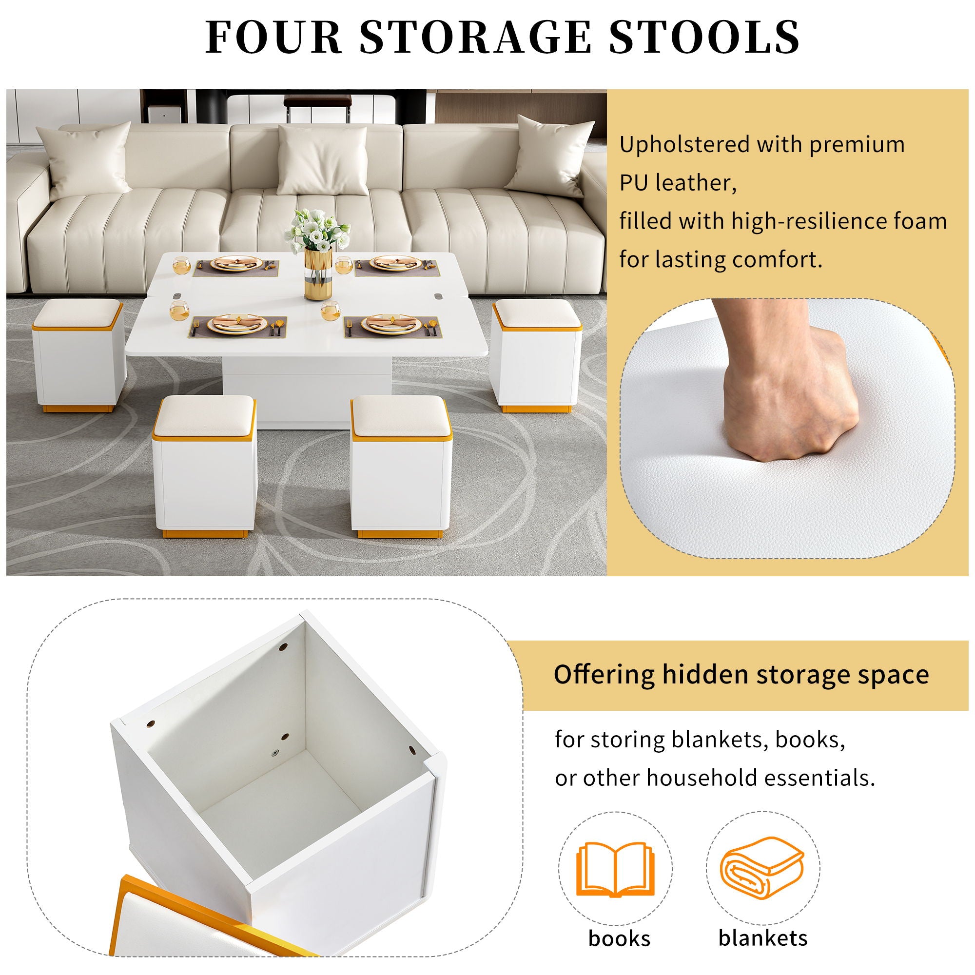 Multi Functional Adjustable Coffee Table With 4 Storage Stools - Best Buy Furniture