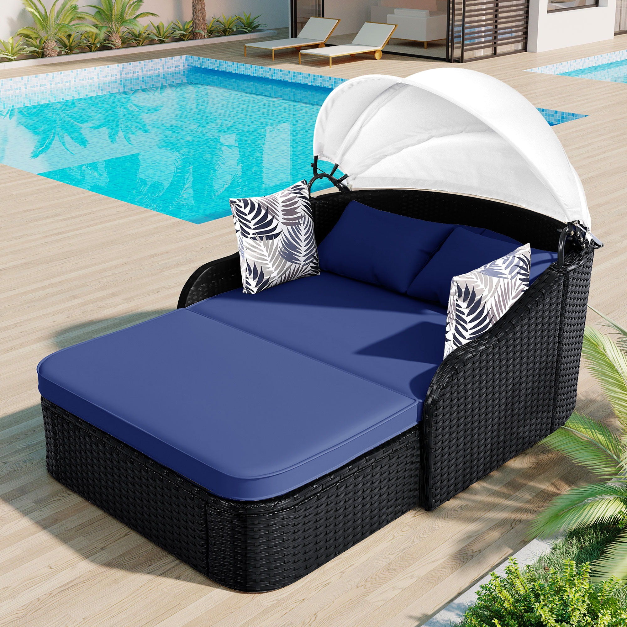Outdoor Sunbed With Adjustable Canopy, Daybed With Pillows, Double Lounge, PE Rattan Daybed - Best Buy Furniture