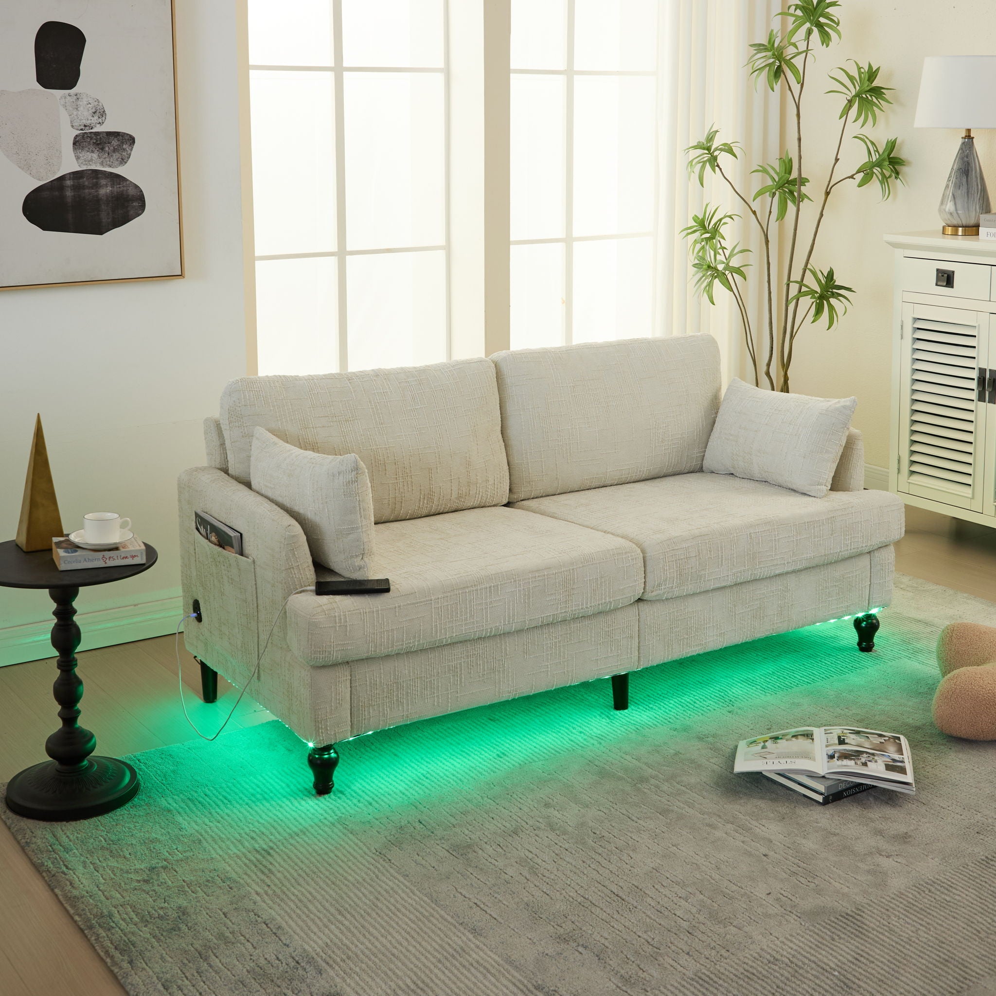 Chenille 2 Seater Sofa With LED Light, USB Charging Port, And Storage Bag - Best Buy Furniture
