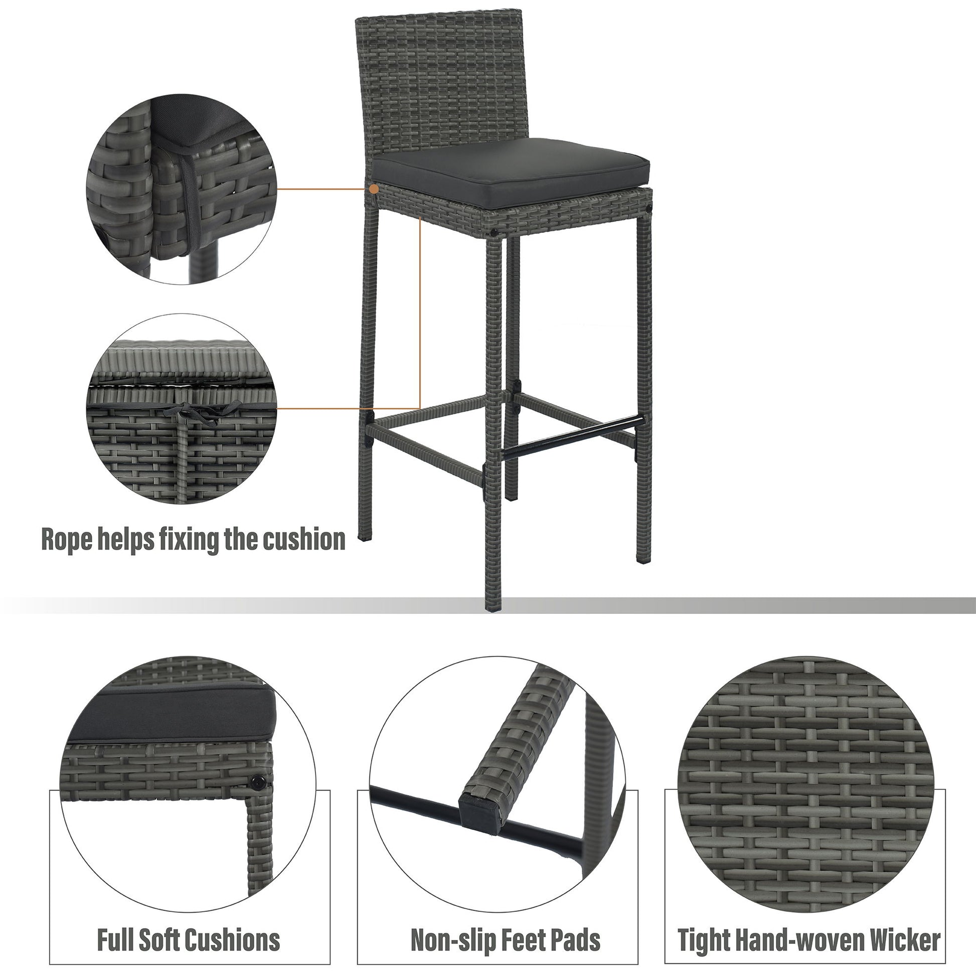 5 Pieces Outdoor Patio Wicker Bar Set, Bar Height Chairs With Non-Slip Feet And Fixed Rope, Removable Cushion, Acacia Wood Table Top - Brown / Gray - Best Buy Furniture