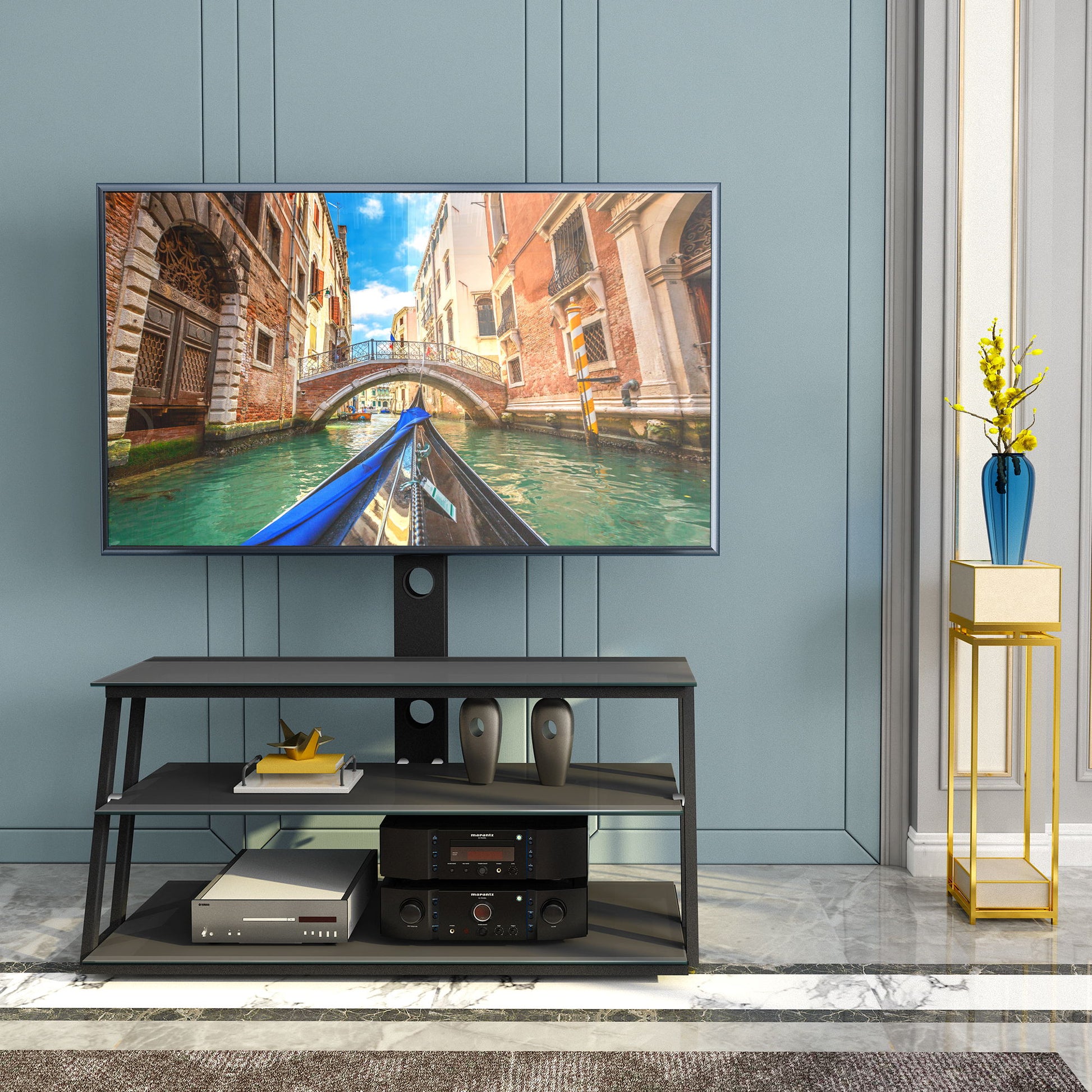 Multi-Function Angle And Height Adjustable Tempered Glass TV Stand - Black - Best Buy Furniture