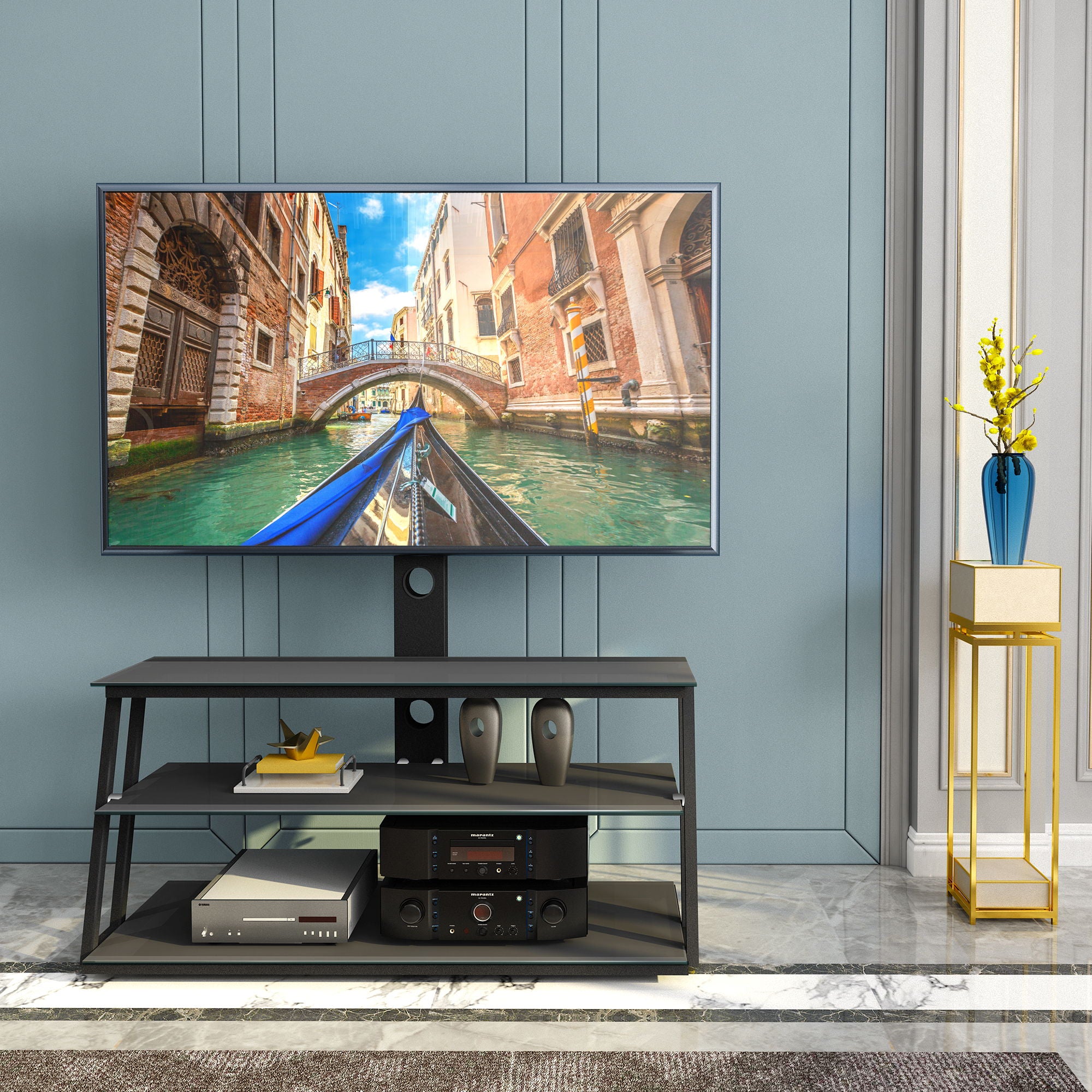 Multi-Function Angle And Height Adjustable Tempered Glass TV Stand - Black - Best Buy Furniture