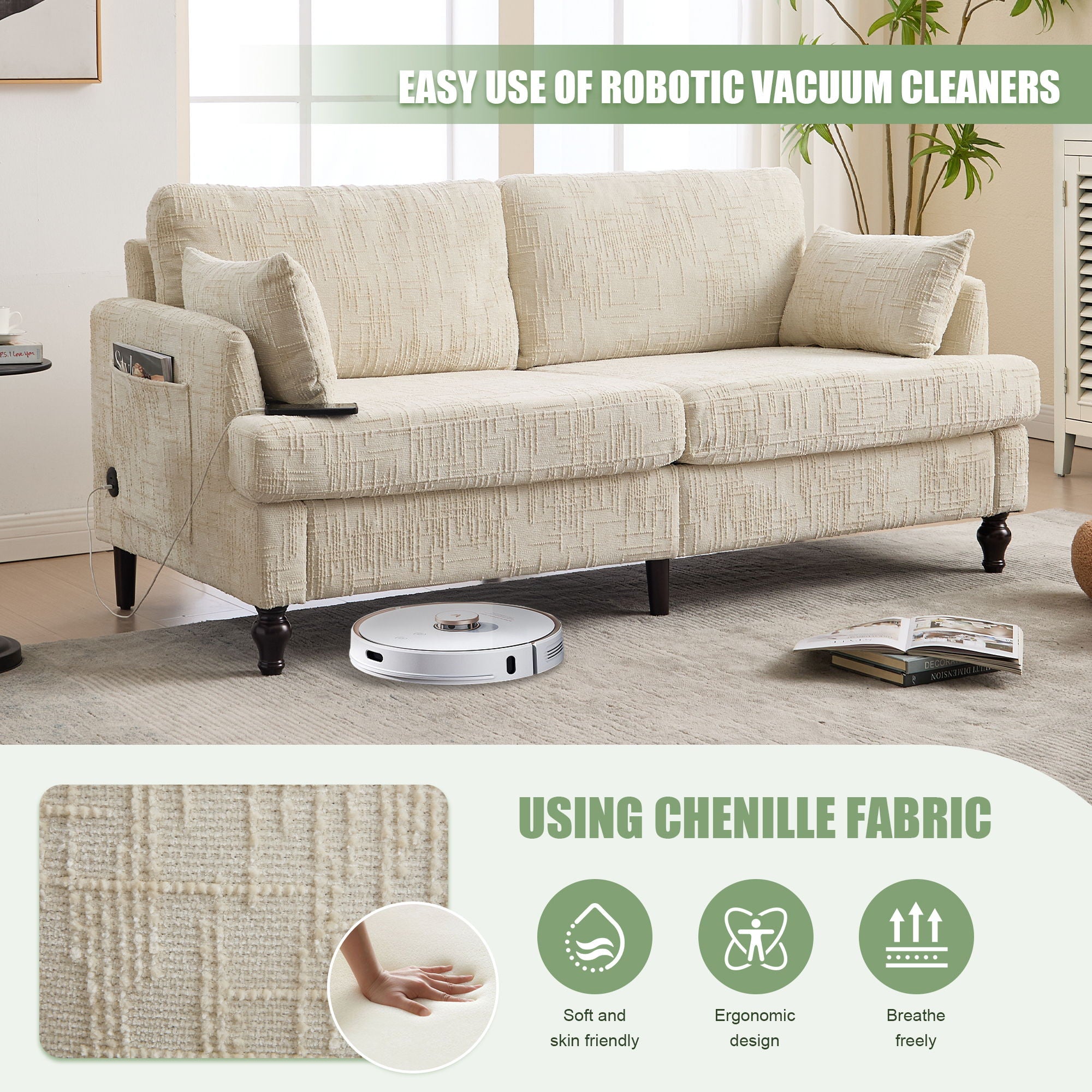 Chenille 2 Seater Sofa With LED Light, USB Charging Port, And Storage Bag - Best Buy Furniture