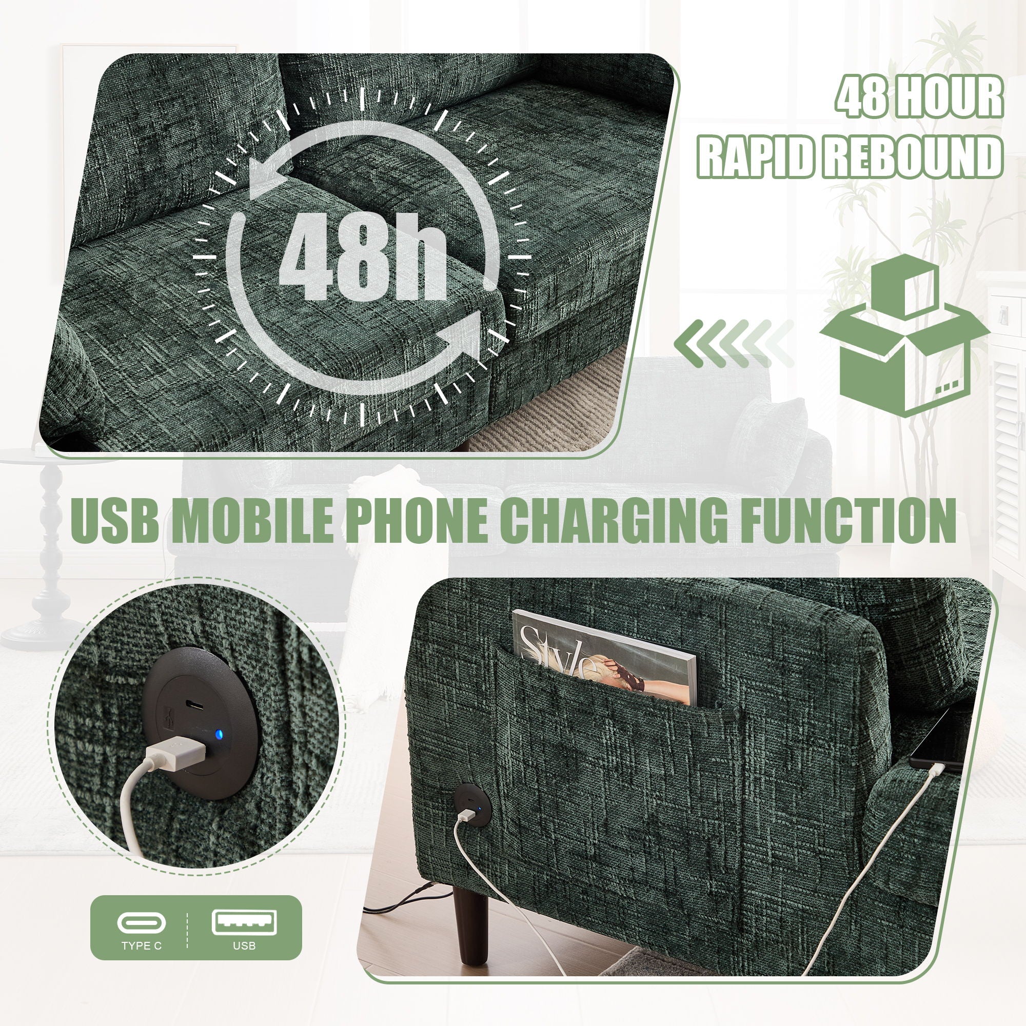Chenille 2 Seater Sofa With LED Light, USB Charging Port, And Storage Bag - Best Buy Furniture