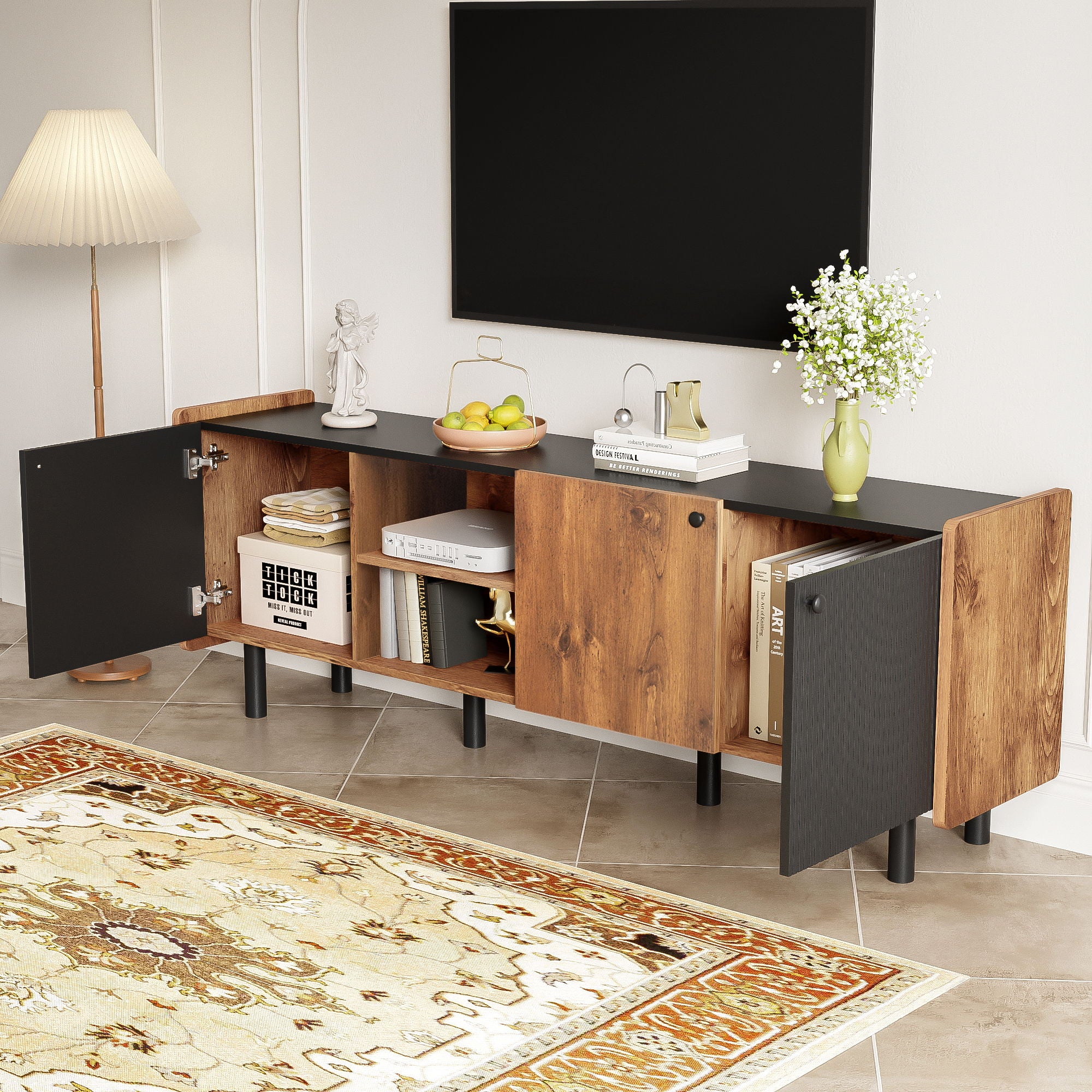 Mid Century TV Stand With 3 Cabinets, Media Console Table For Tvs Up To 70'', Entertainment Center With Storage For Living Room - Black / Brown - Best Buy Furniture