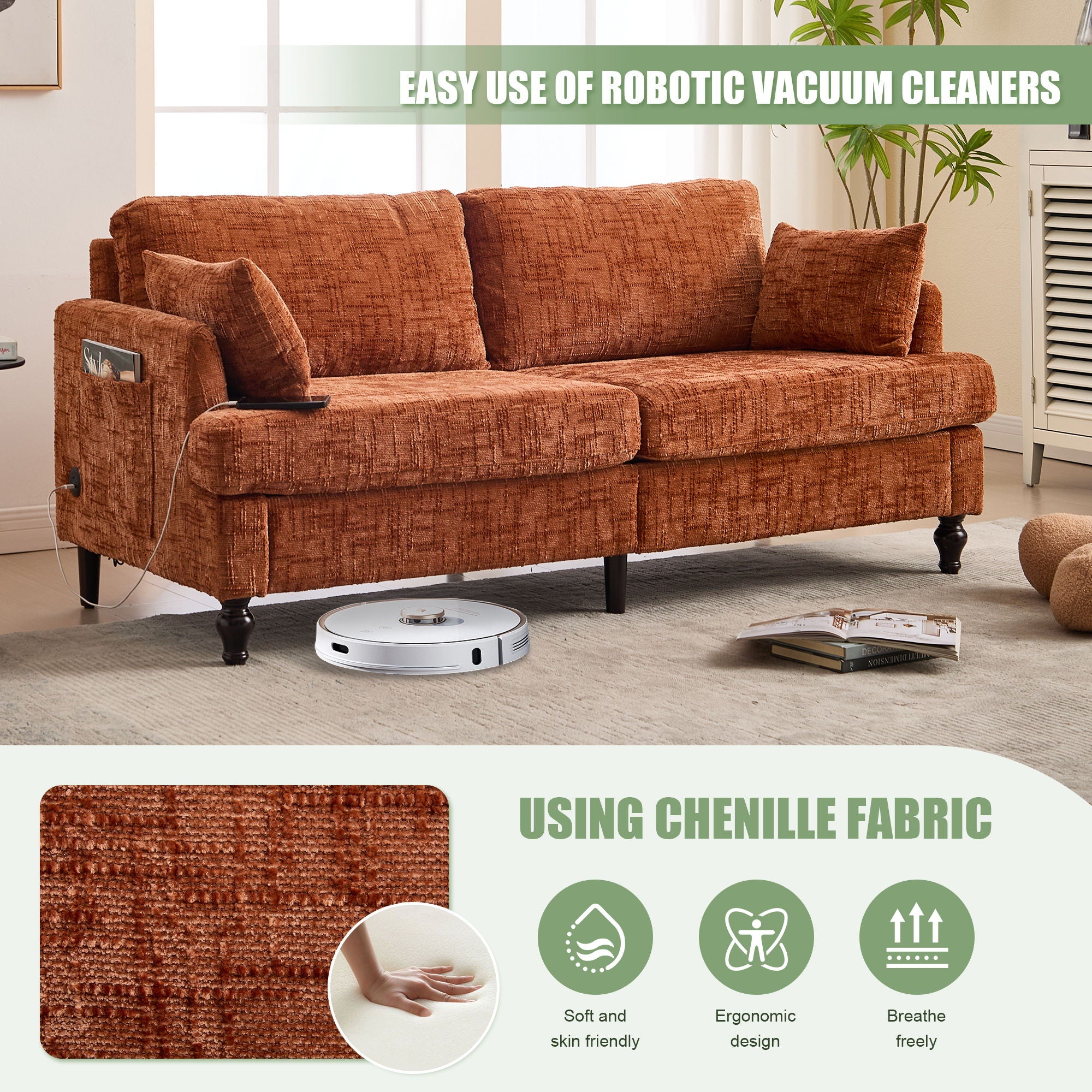 Chenille 2 Seater Sofa With LED Light, USB Charging Port, And Storage Bag - Best Buy Furniture