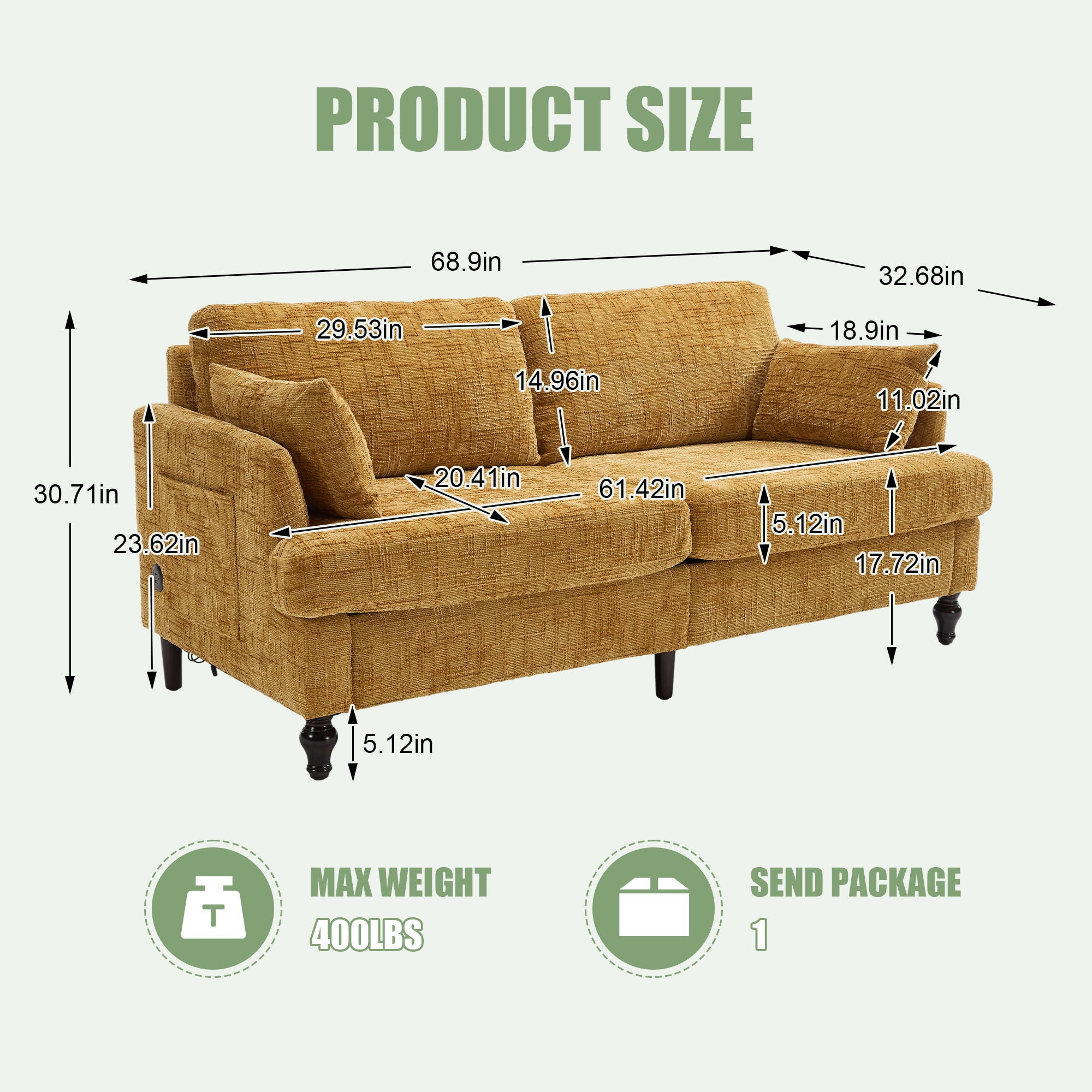 Chenille 2 Seater Sofa With LED Light, USB Charging Port, And Storage Bag - Best Buy Furniture