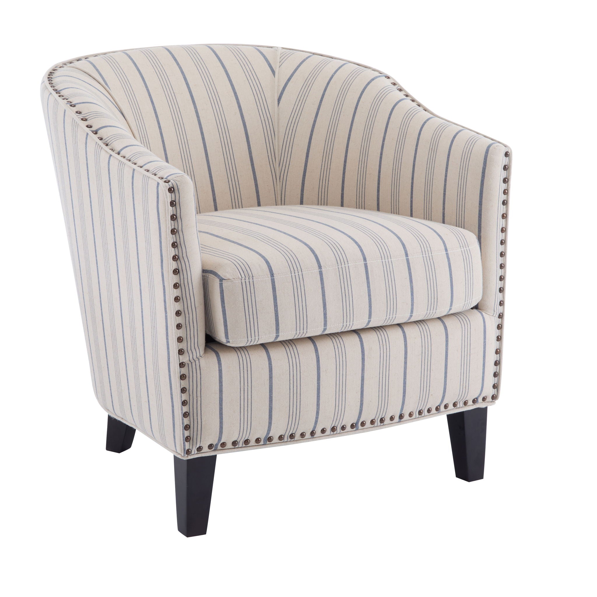 Transitional Upholstered Stripe Barrel Chair With Birch Wood Legs And Plush Cushioned Seat - Beige / Blue Stripe - Best Buy Furniture