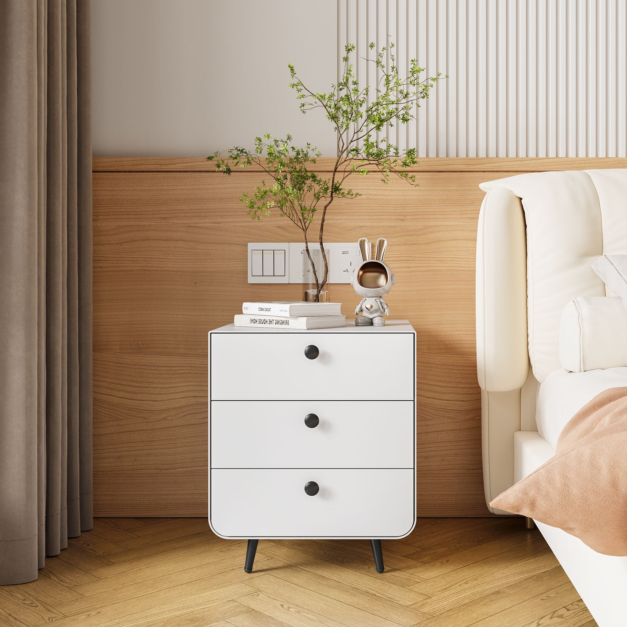 Modern Night Stand Storage Cabinet For Living Room Bedroom, Steel Cabinet With 3 Drawers, Bedside Furniture, Circular Handle - White - Best Buy Furniture