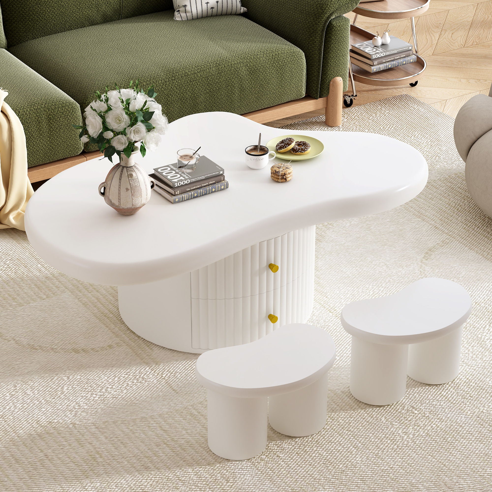 Cloud - Coffee Table (Set of 3), Irregular Shape Coffee Table With 2 Drawers, 2 Small Stools For Living Room - White - Best Buy Furniture