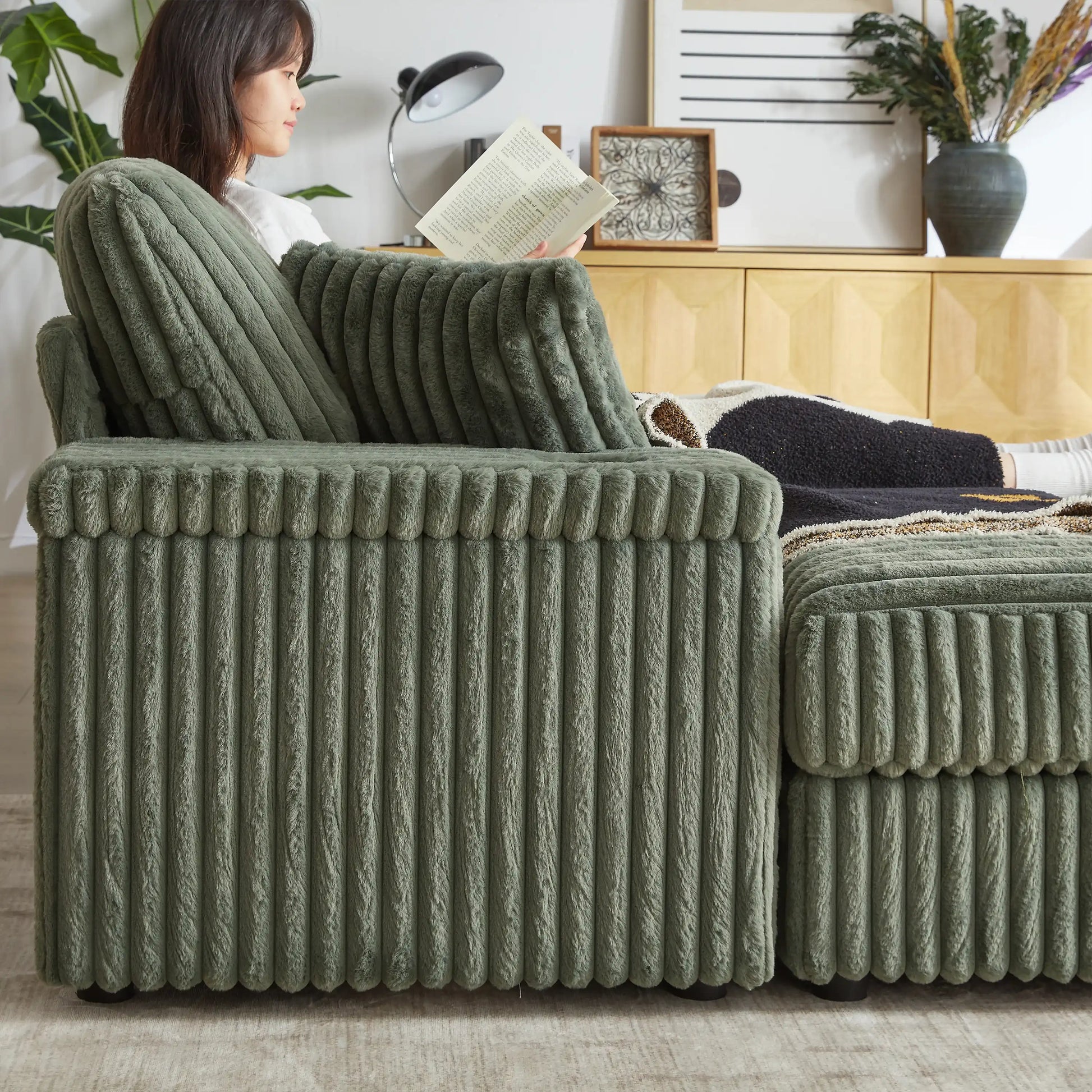 Xena Modern Corduroy Sofa With Cupholders with Storage And Ottomans - Best Buy Furniture