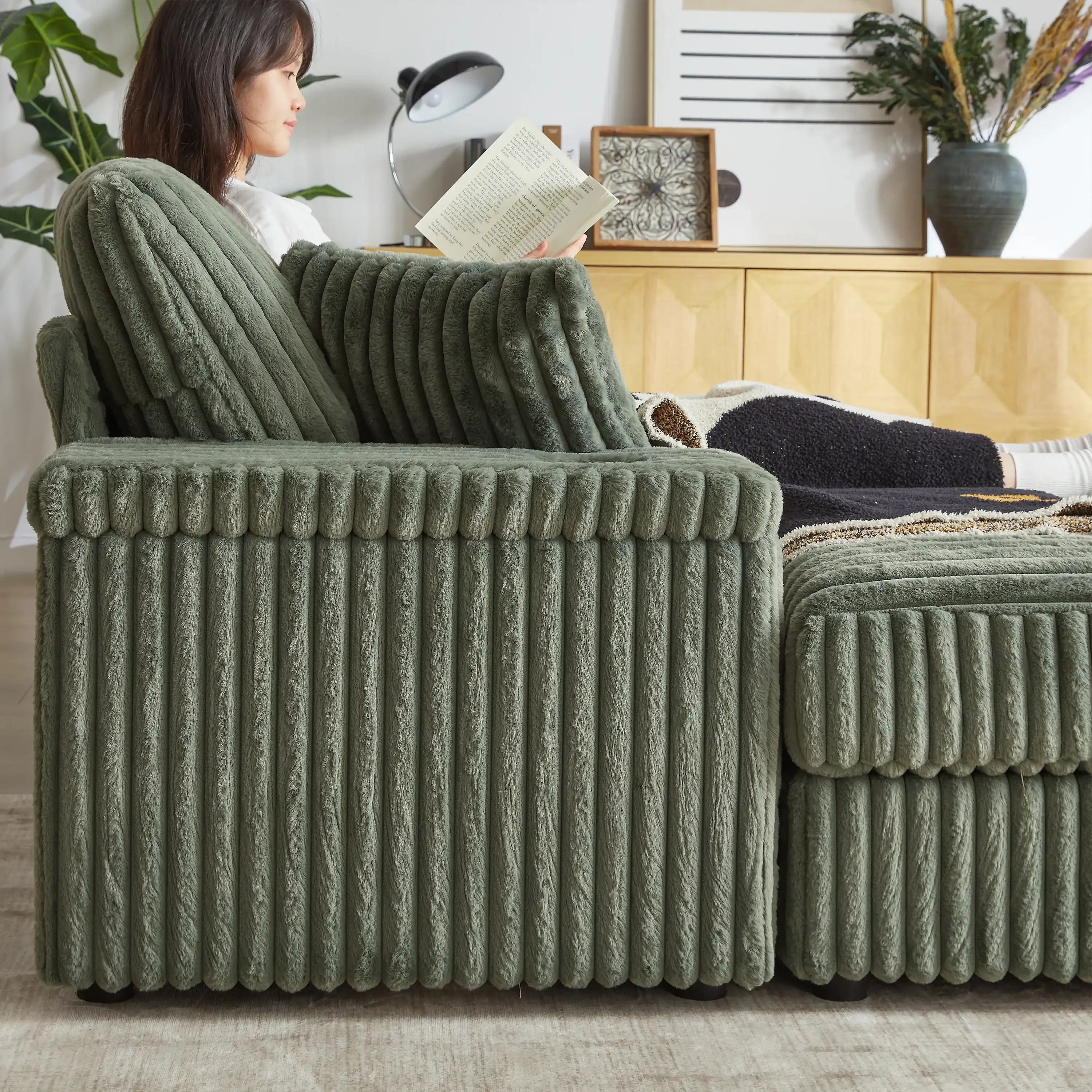 Xena Modern Corduroy Sofa With Cupholders with Storage And Ottomans - Best Buy Furniture