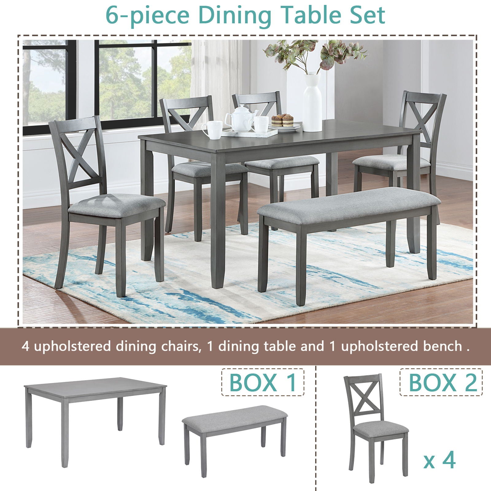 6 Pieces Kitchen Dining Set, Rectangular Wooden Dining Table With 4 Chairs And A Bench - Best Buy Furniture
