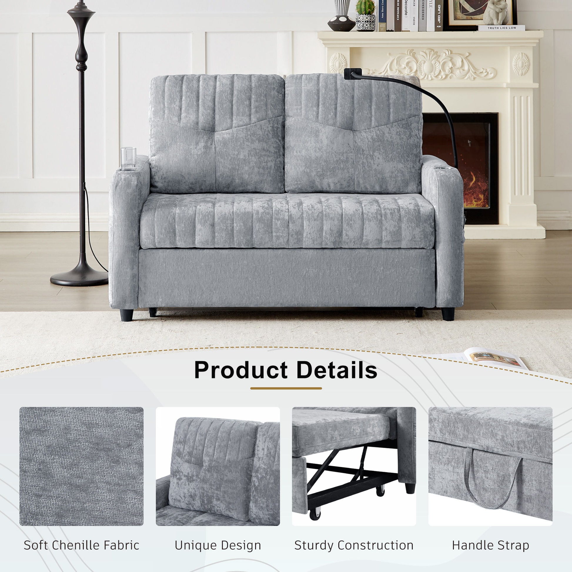 Modern Loveseat Pull Out Sofa Bed With Adjustable Backrest, Two Cup Holders, A Phone Holder, Three Charging Ports And Side Storage Pockets For Living Room - Best Buy Furniture