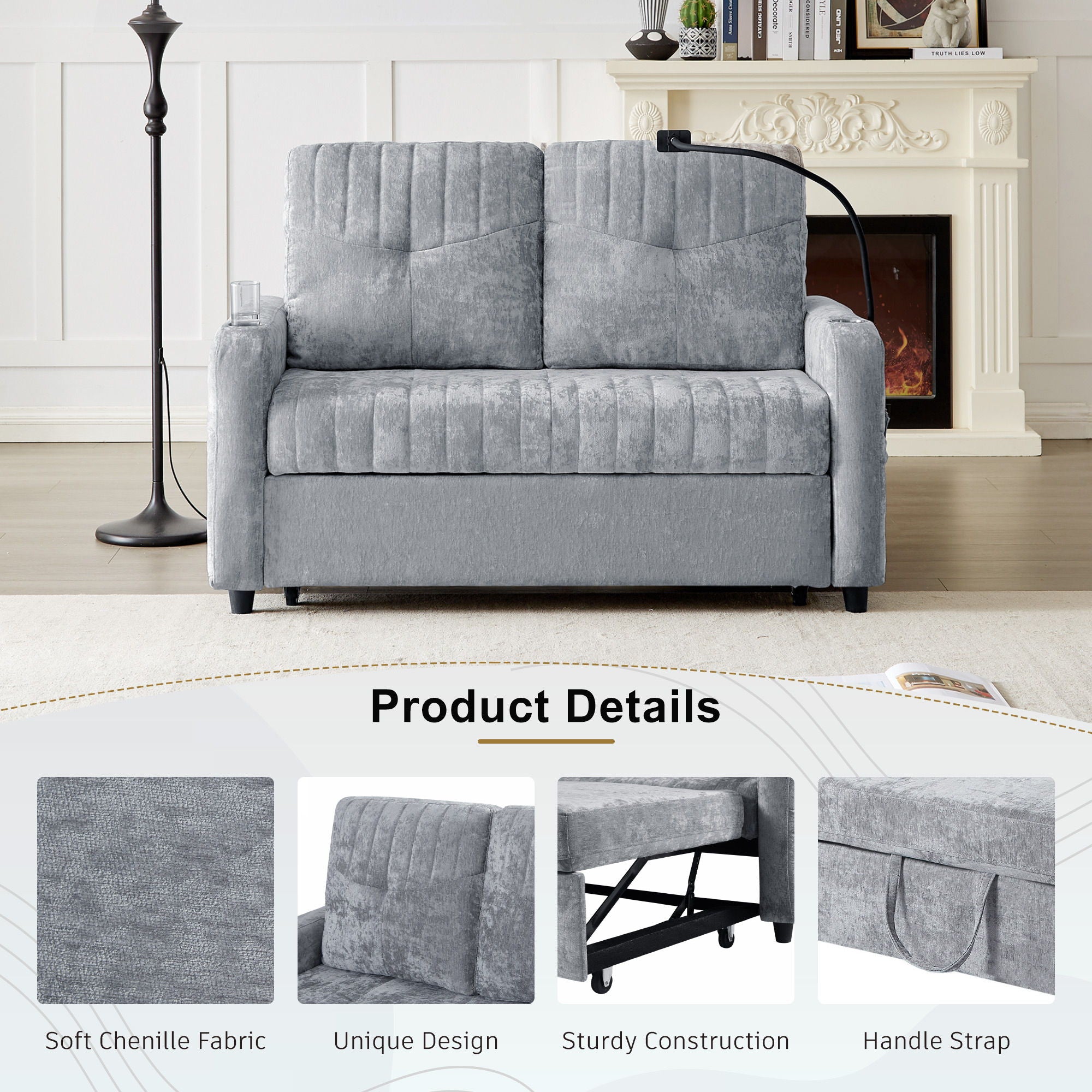 Modern Loveseat Pull Out Sofa Bed With Adjustable Backrest, Two Cup Holders, A Phone Holder, Three Charging Ports And Side Storage Pockets For Living Room - Best Buy Furniture