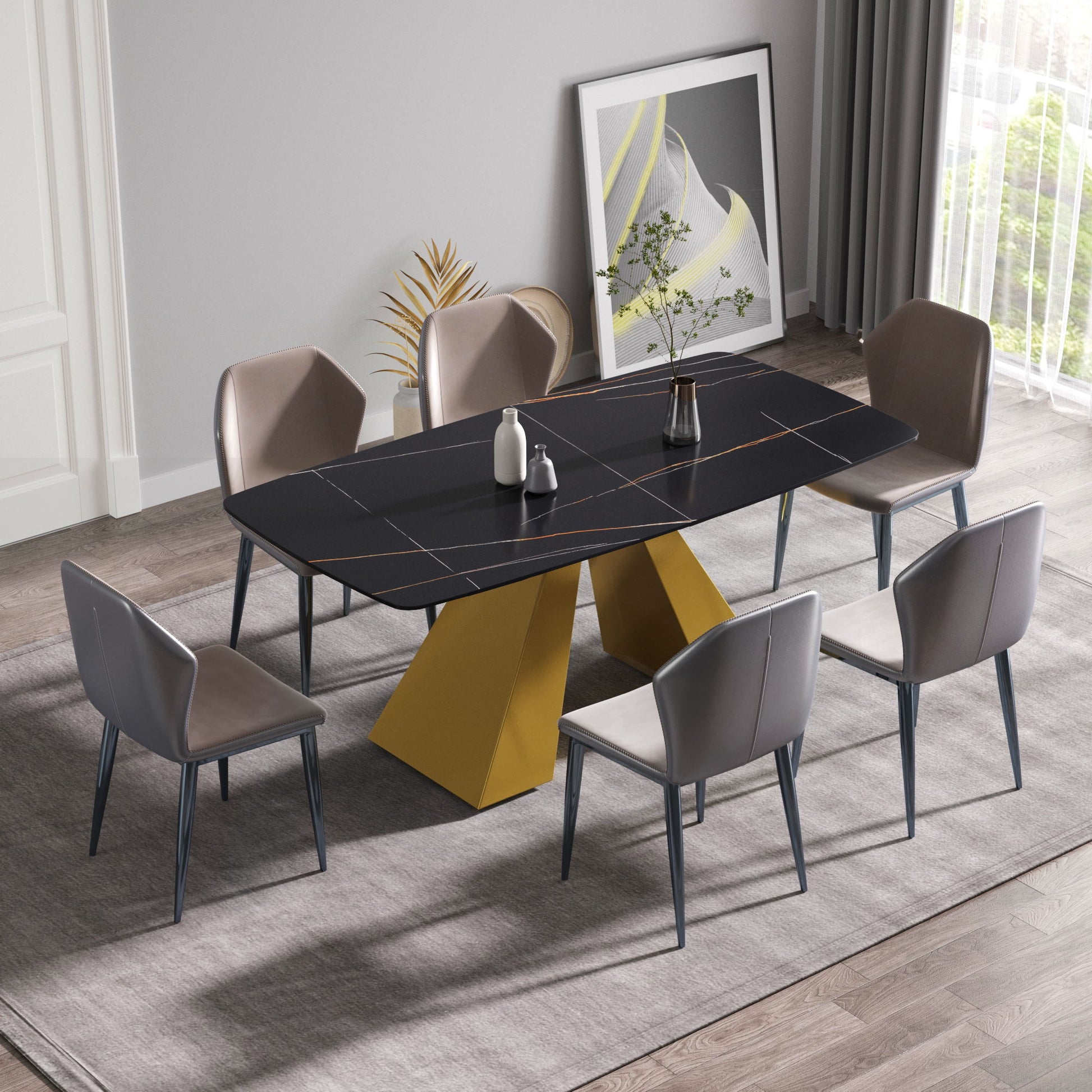 70.87" Modern Artificial Stone Curved Metal Leg Dining Table, Can Accommodate 6-8 People - Black / Gold - Best Buy Furniture