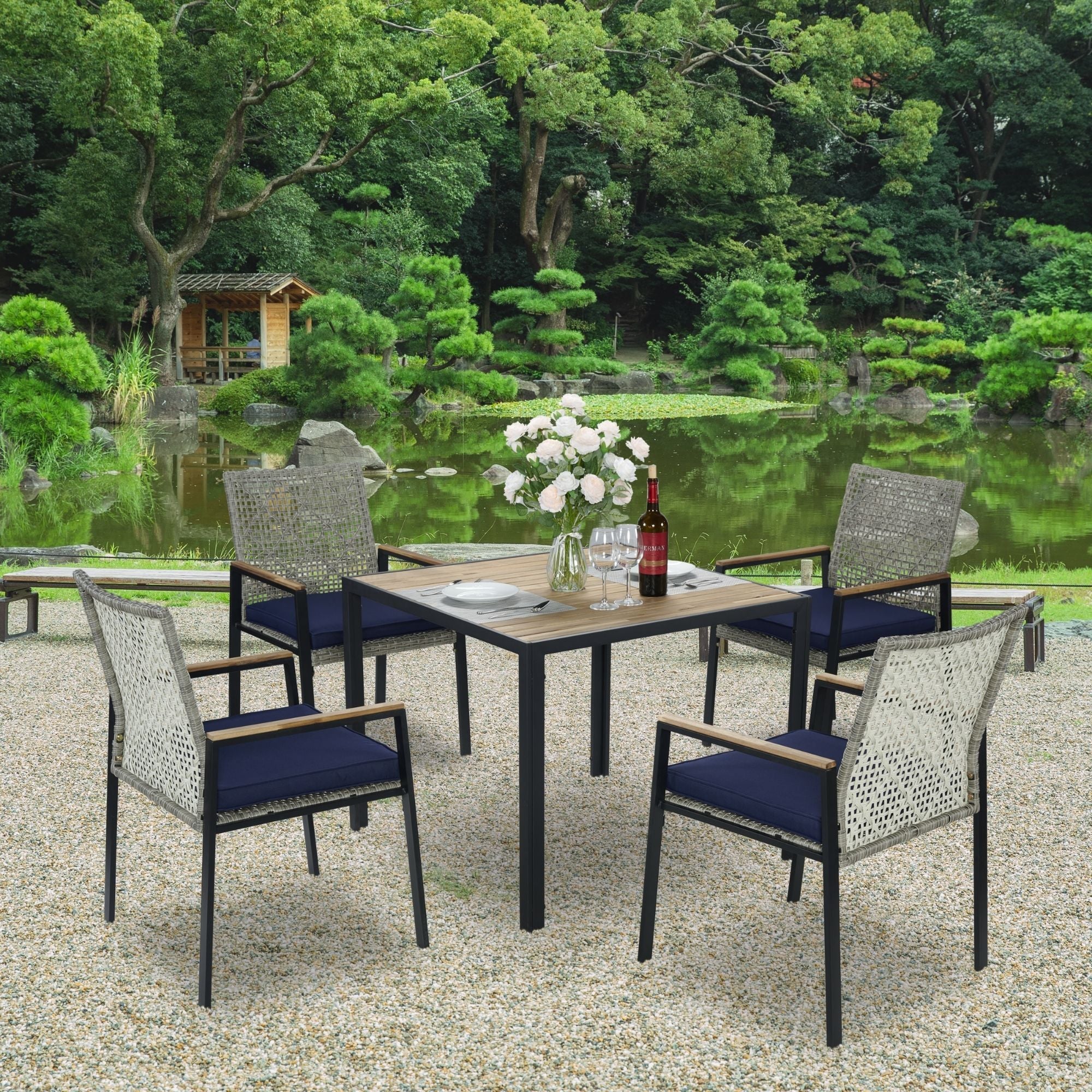 5 Piece Patio Dining Table Set, Acacia Wood Table Top With Umbrella Hole - Best Buy Furniture