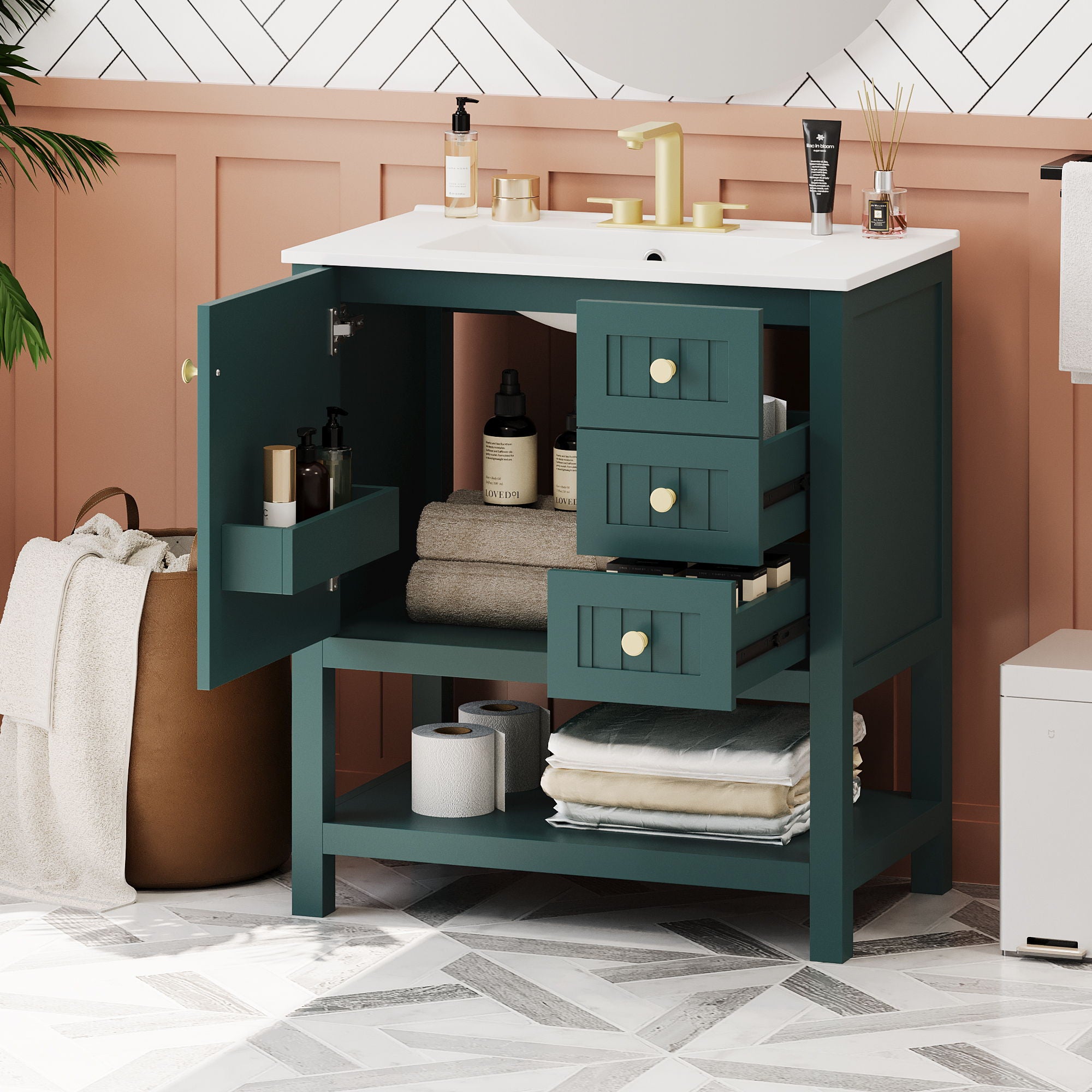 Transitional Style Bathroom Vanity Cabinet Combo With Ceramic Sink - Best Buy Furniture