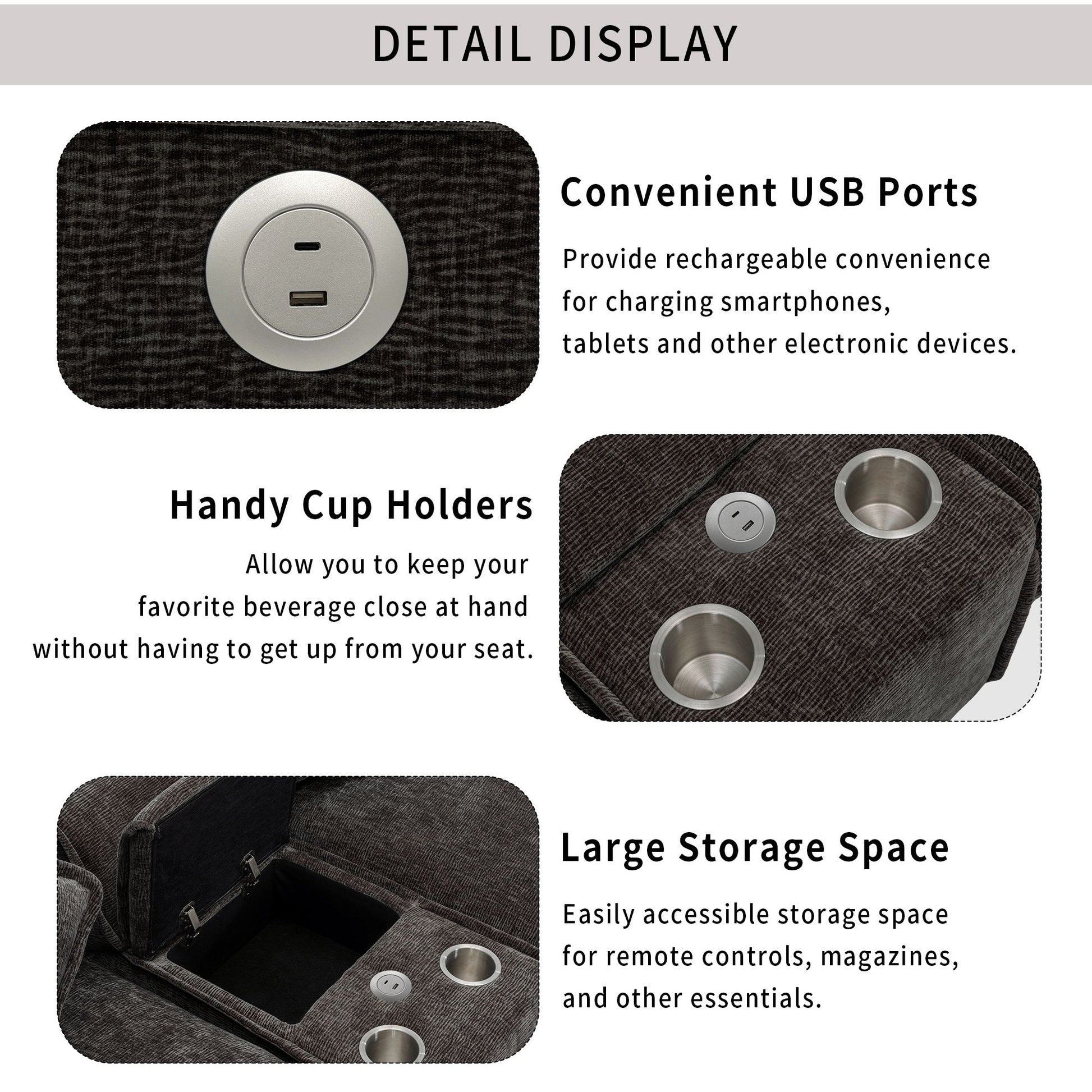 Sectional Sofa Chenille Upholstered Sofa With Two Removable Ottoman, Two USB Ports, Two Cup Holders And Large Storage Box For Living Room - Best Buy Furniture