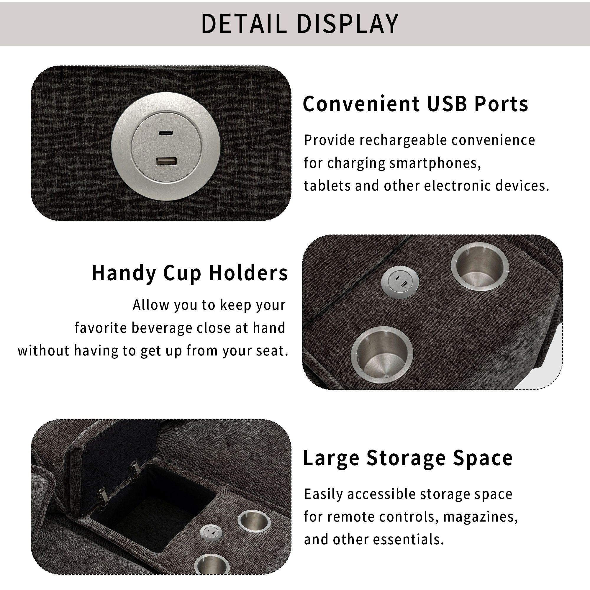 Sectional Sofa Chenille Upholstered Sofa With Two Removable Ottoman, Two USB Ports, Two Cup Holders And Large Storage Box For Living Room - Best Buy Furniture