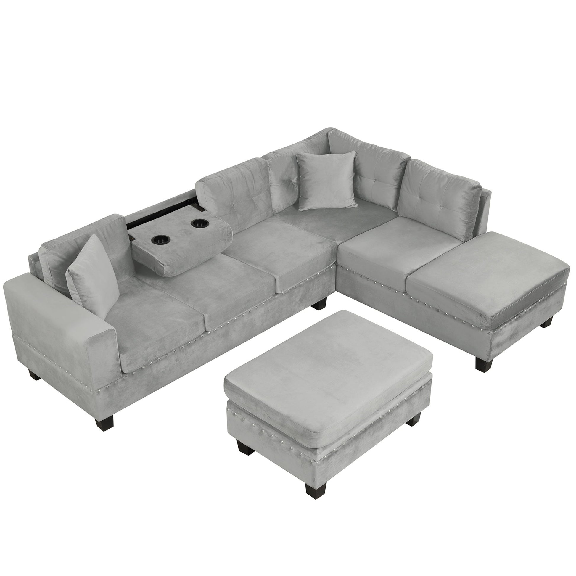 Modern Sectional Sofa With Storage Ottoman, L - Shape Couch With 2 Pillows And Cup Holders - Best Buy Furniture