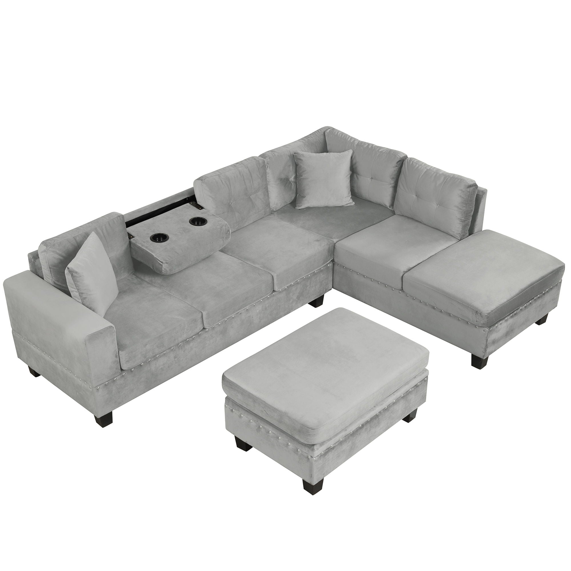 Modern Sectional Sofa With Storage Ottoman, L - Shape Couch With 2 Pillows And Cup Holders - Best Buy Furniture