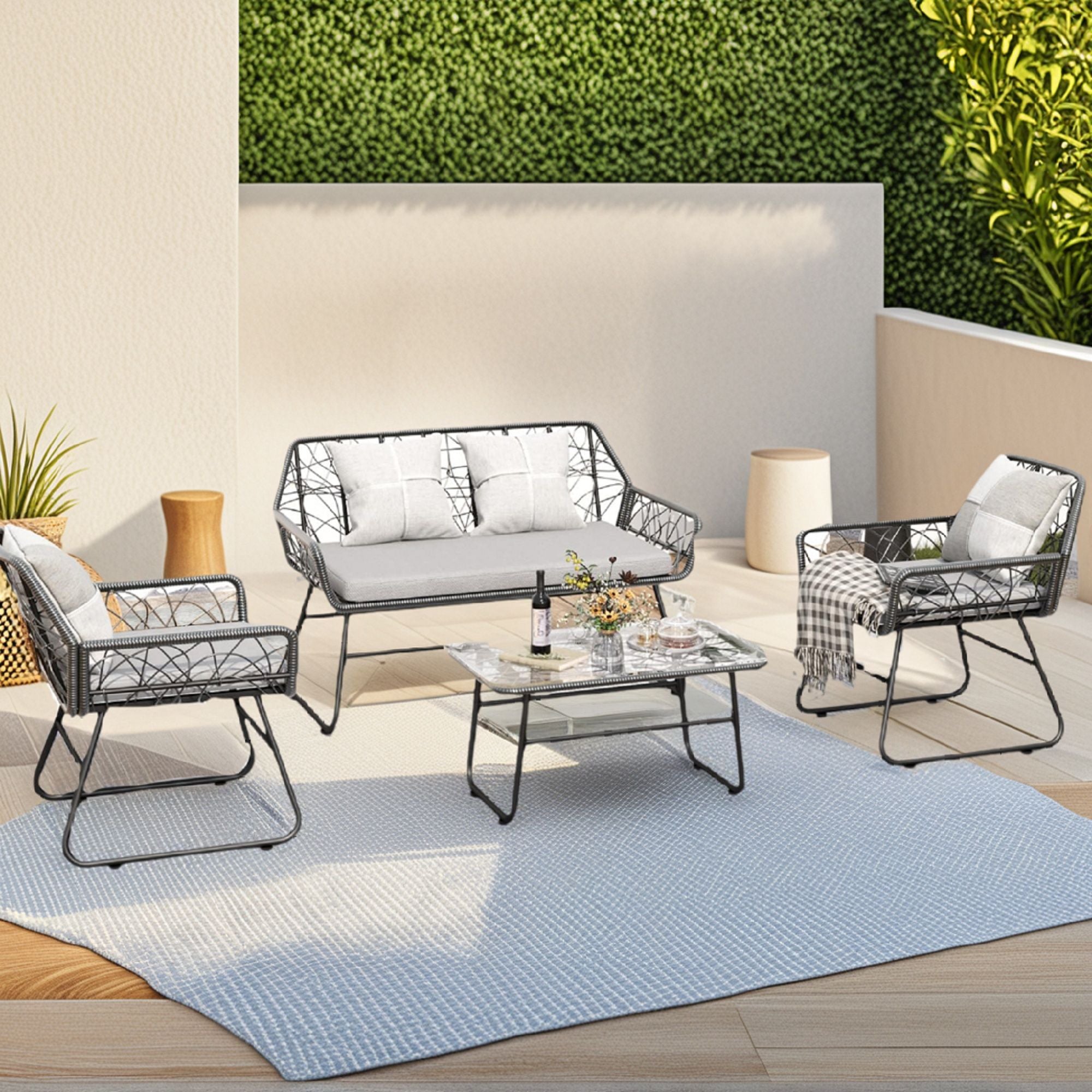 4 Piece Wicker Patio Furniture Set With Tempered Glass Table And Detachable Cushions - Best Buy Furniture
