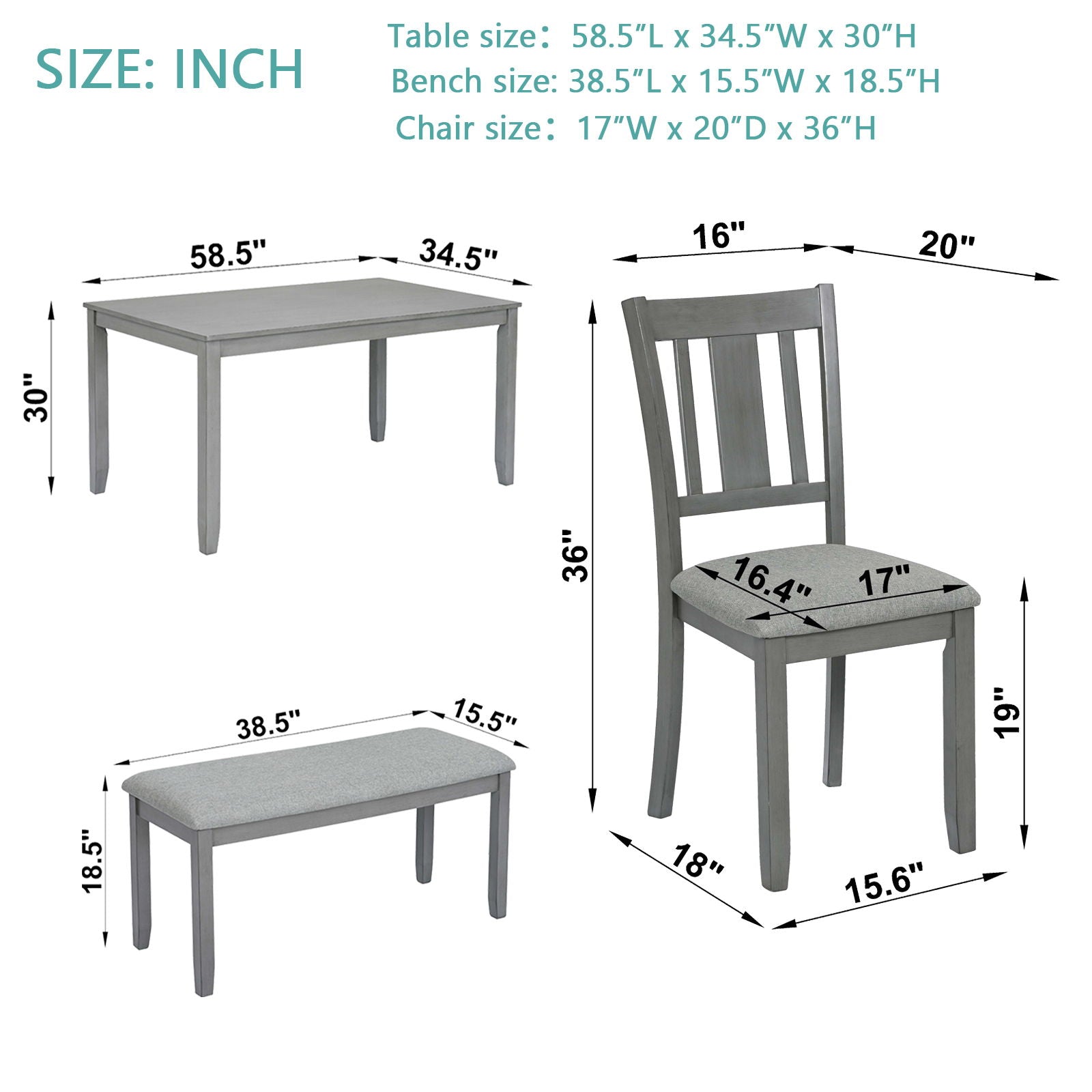 6 Pieces Kitchen Dining Set, Rectangular Wooden Dining Table With 4 Upholstered Chairs And A Bench - Best Buy Furniture
