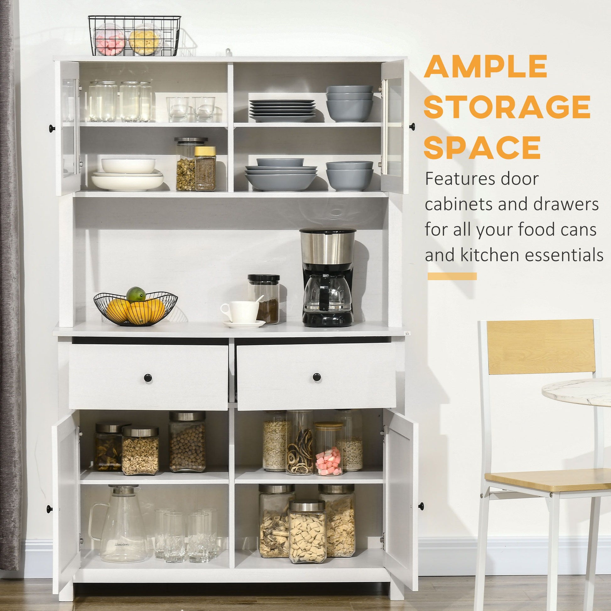Homcom - 63.5" Kitchen Buffet With Hutch, Pantry Storage Cabinet With 4 Shelves, Drawers, Framed Glass Doors, Open Microwave Countertop - Antique White - Best Buy Furniture