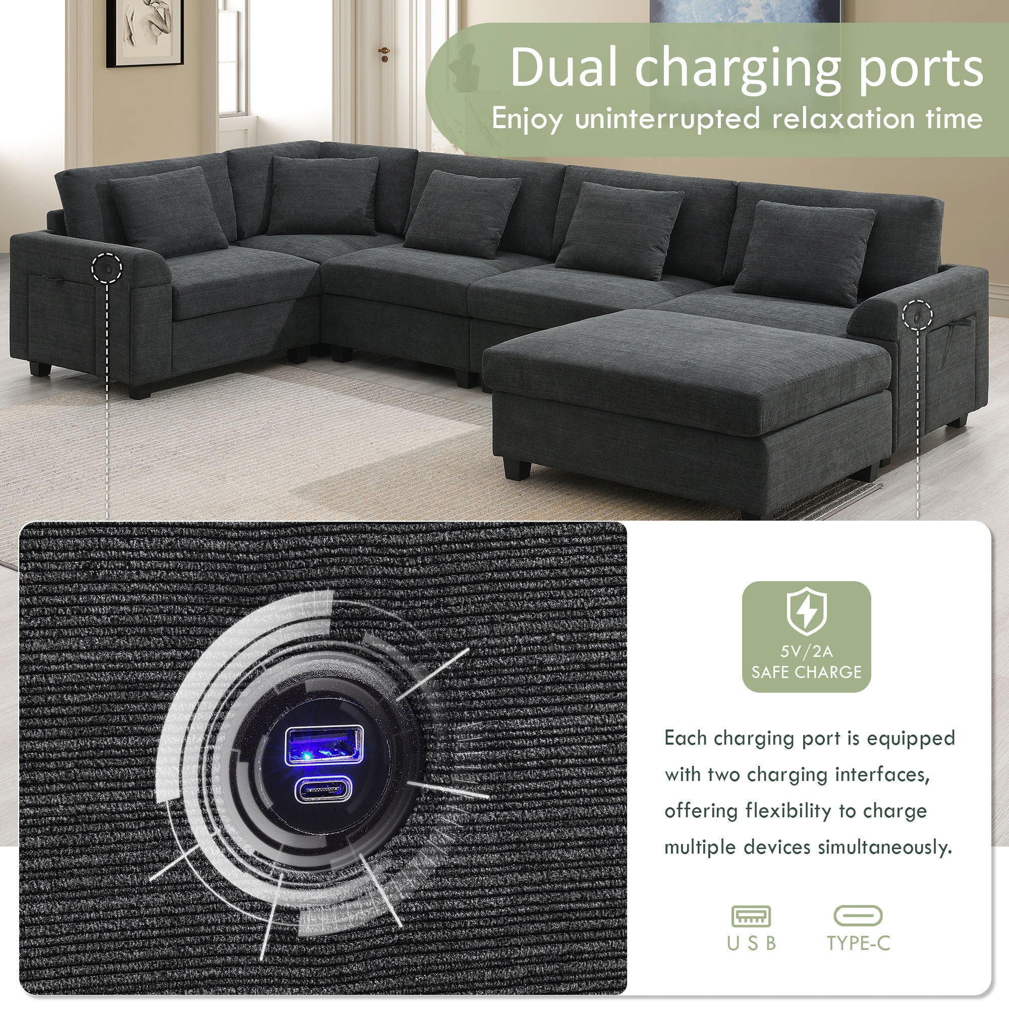 U Shaped Sectional Sofa 6 Seat Couch Set With Oversized Ottoman, Hidden Armrest Storage And Cup Holders USB Charging Ports Wide Seat Sofa - Best Buy Furniture