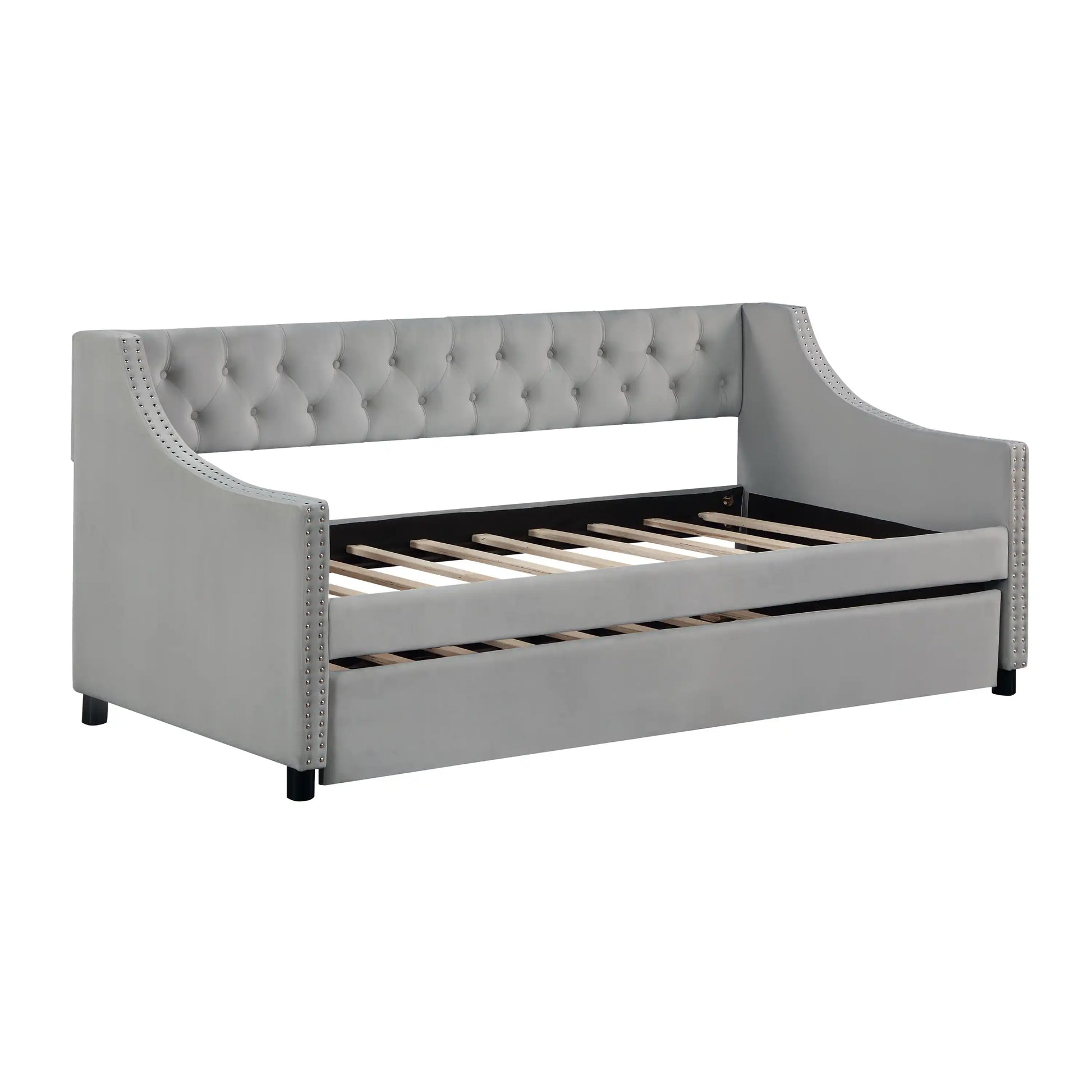 Twin Size Upholstered Daybed with Trundle, Wood Frame, Beige - Best Buy Furniture