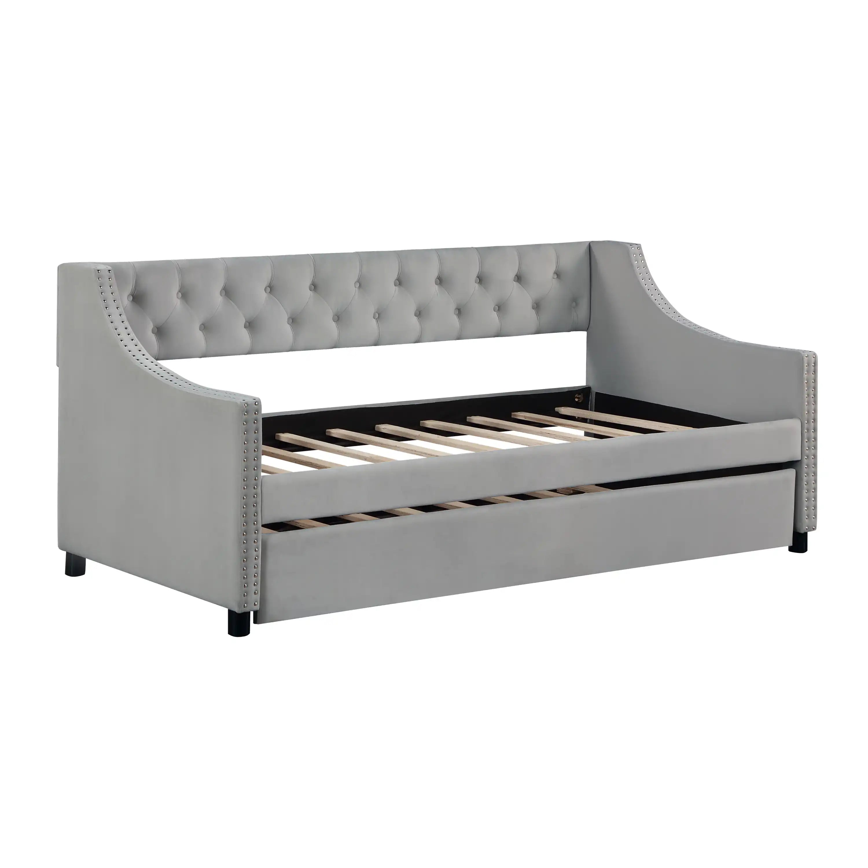 Twin Size Upholstered Daybed with Trundle, Wood Frame, Beige - Best Buy Furniture