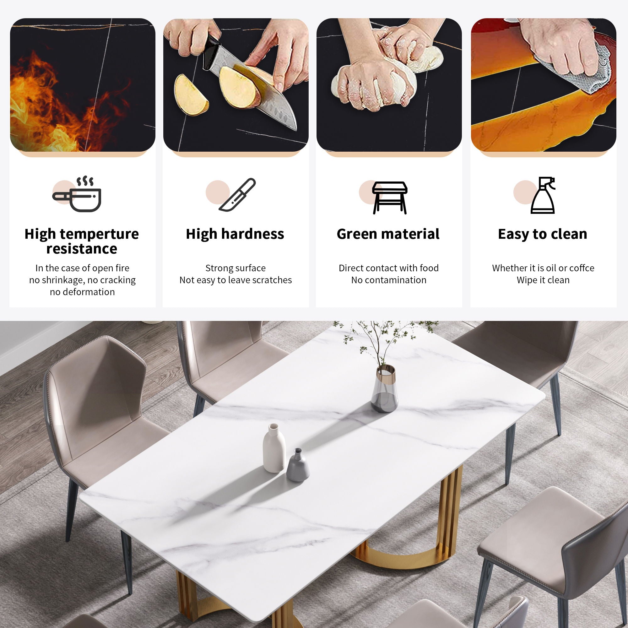 63" Modern Artificial Stone Straight Edge Metal Leg Dining Table, 6 People - White / Gold - Best Buy Furniture